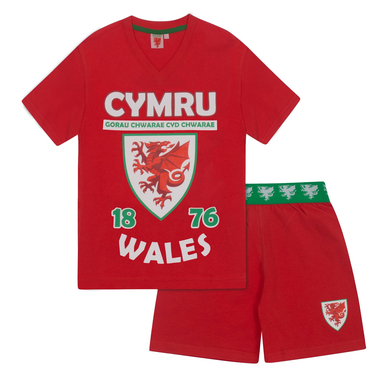 Wales kids short pyjamas in red. Short sleeved top with crest & text and shorts with crest