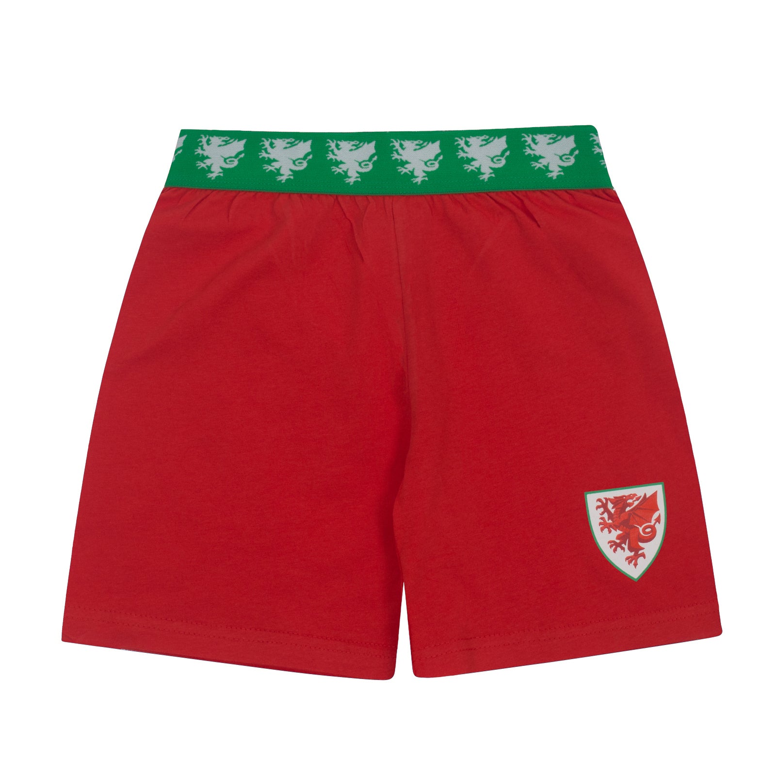Wales kids short pyjamas in red. Short sleeved top with crest & text and shorts with crest
