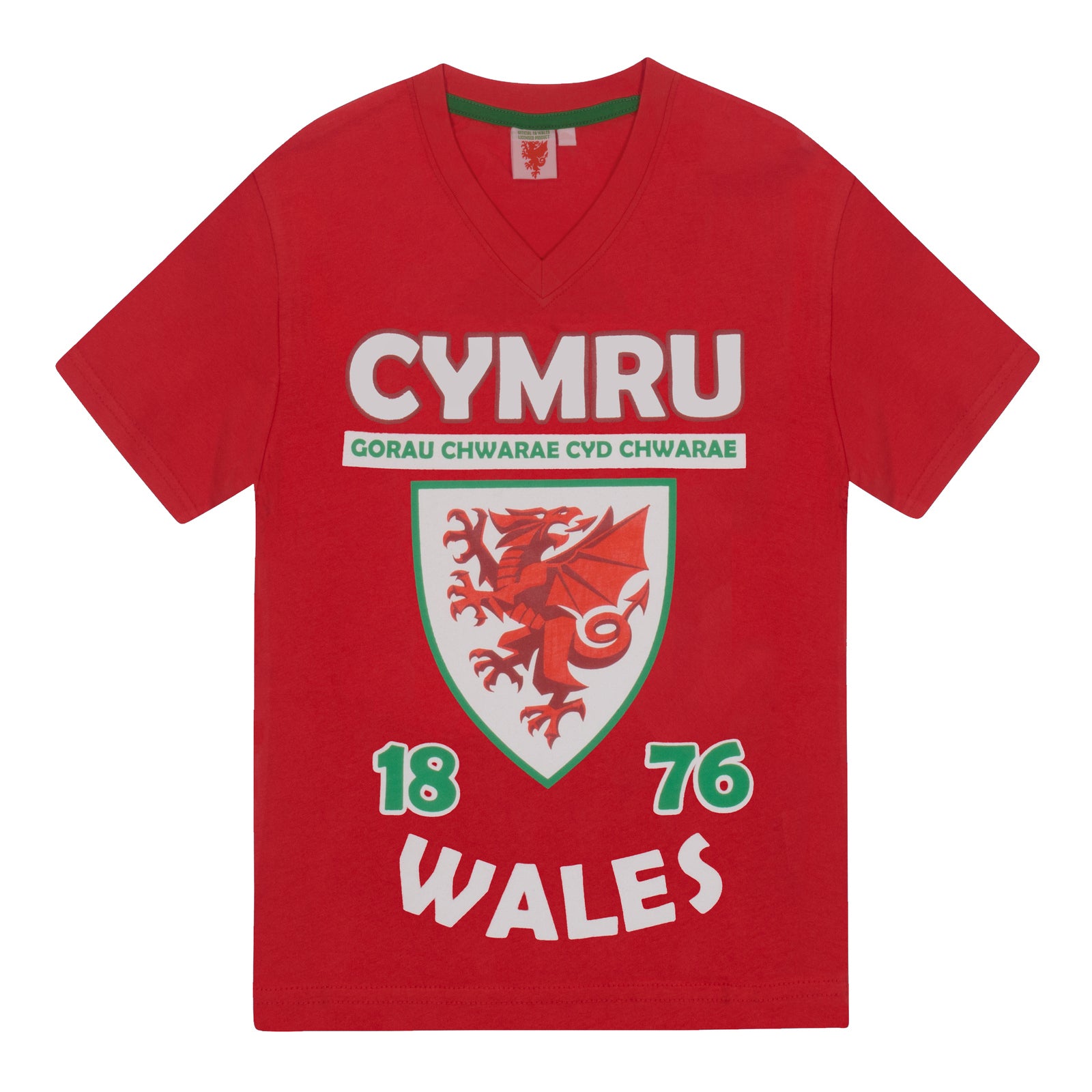 Wales kids short pyjamas in red. Short sleeved top with crest & text and shorts with crest