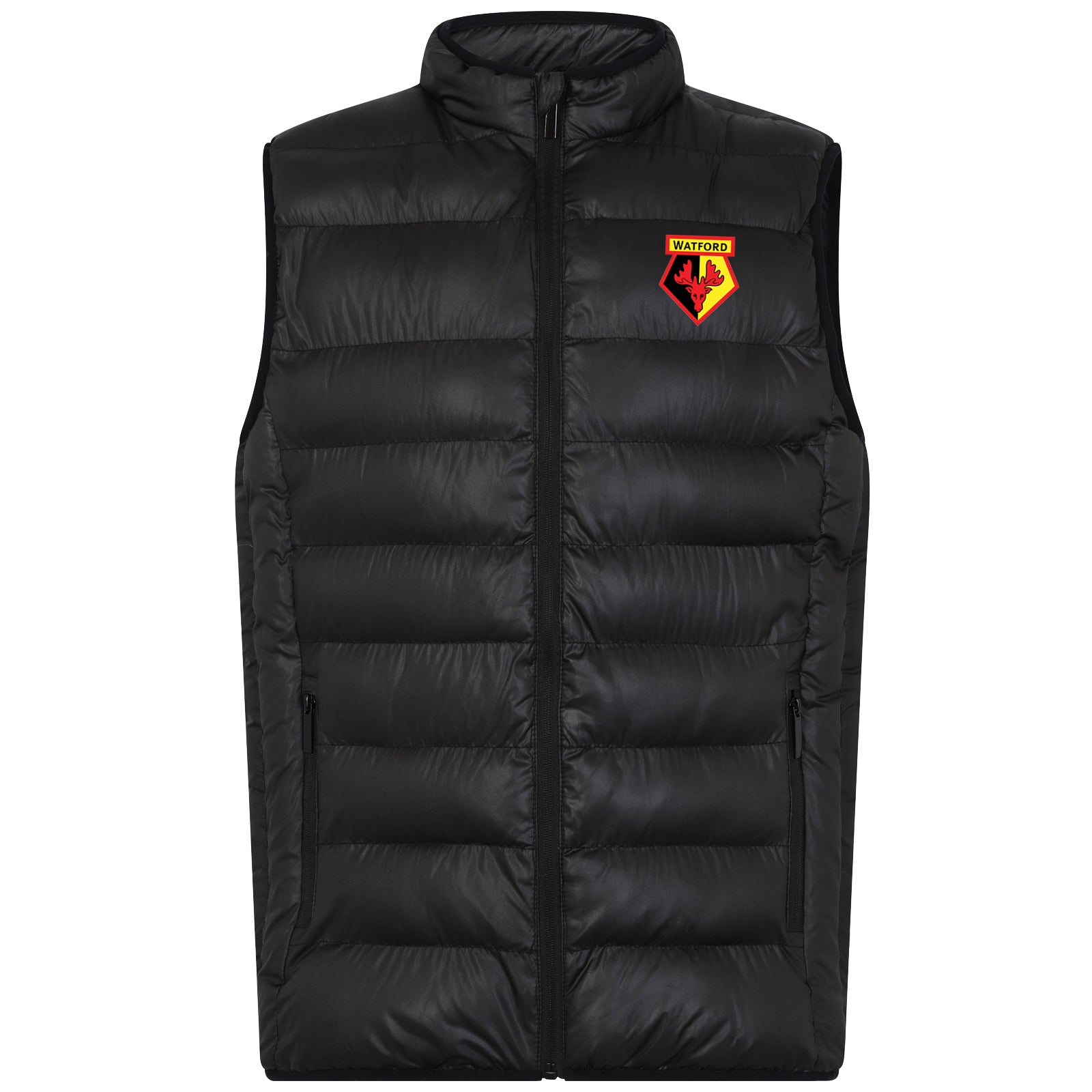Watford adults padded gilet in black with club crest print to chest.
