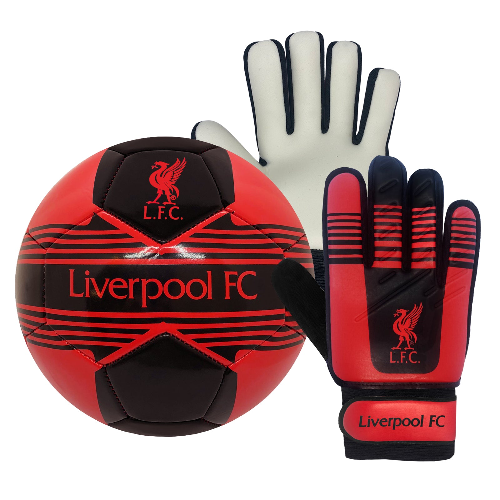 Liverpool size 4 red ball with LFC club badge to football and to each glove.