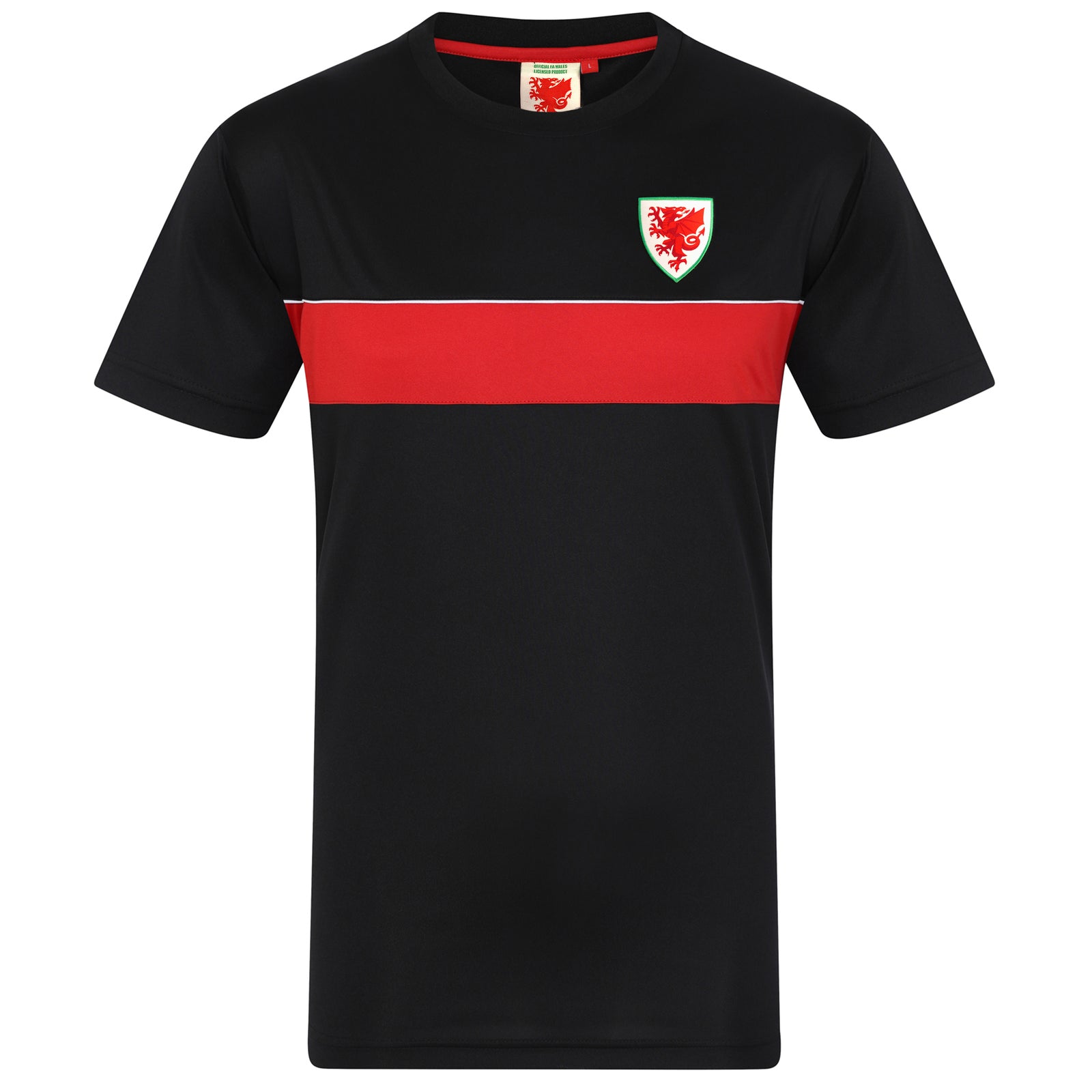 Wales FA adults poly T-shirt in black with woven national crest to chest