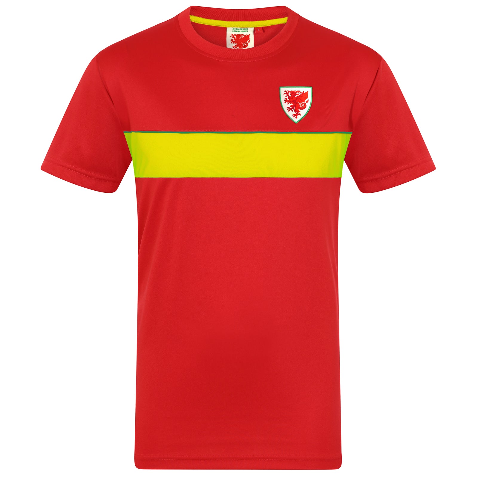 Wales FA adults poly T-shirt in red with woven national crest to chest