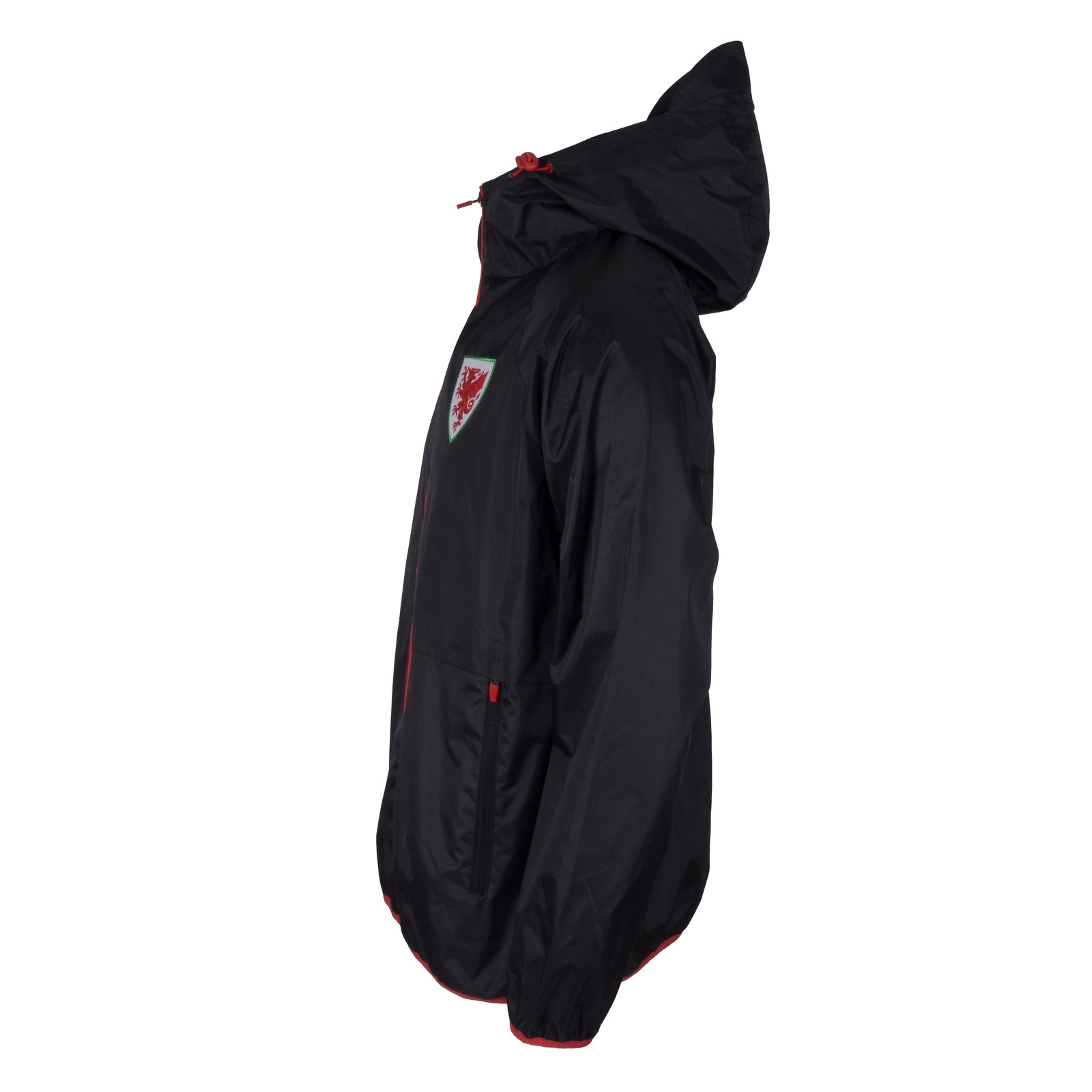 Wales adults shower jacket in black with Wales FA club badge to the left chest.