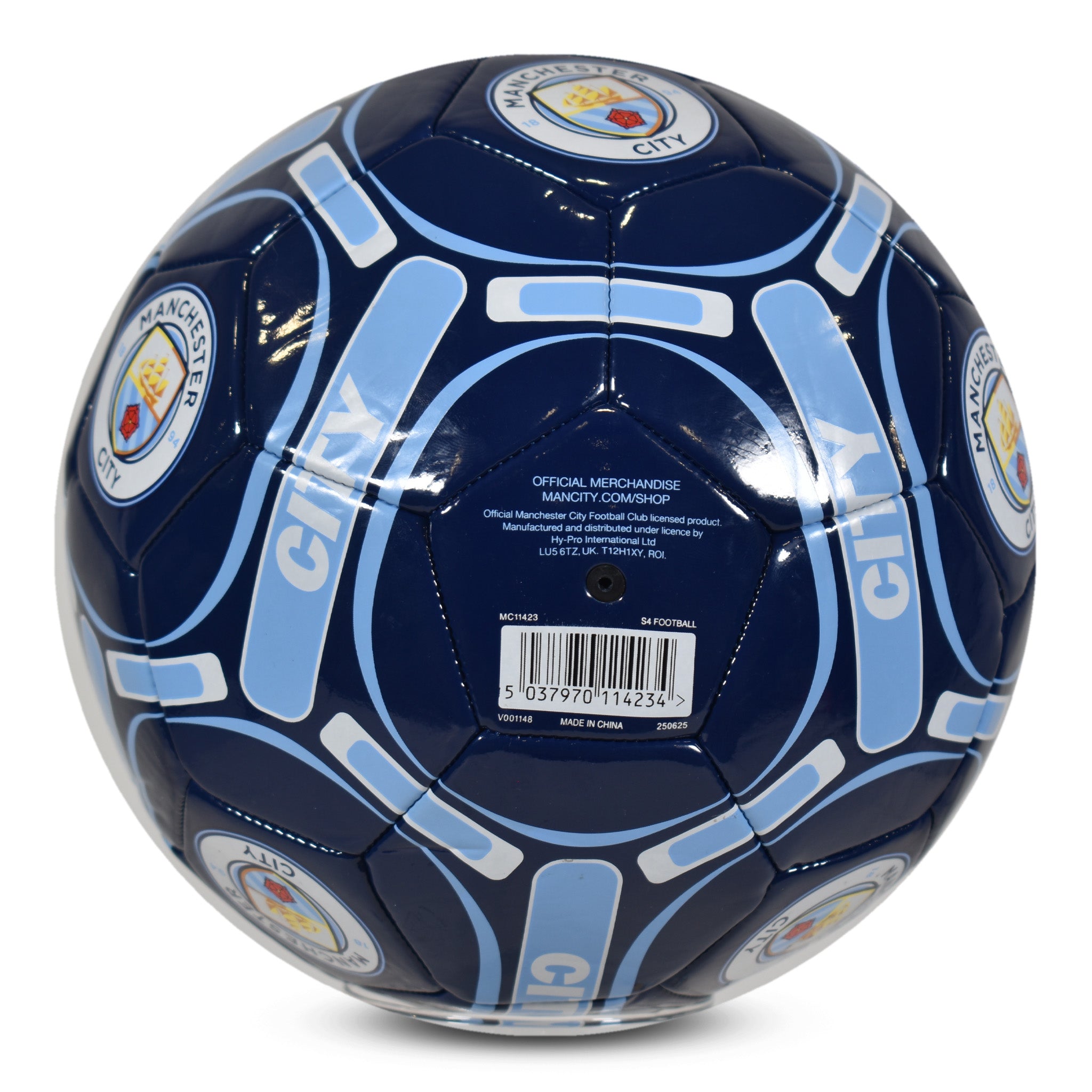 Man City size 4 blue football with MCFC crests & text.