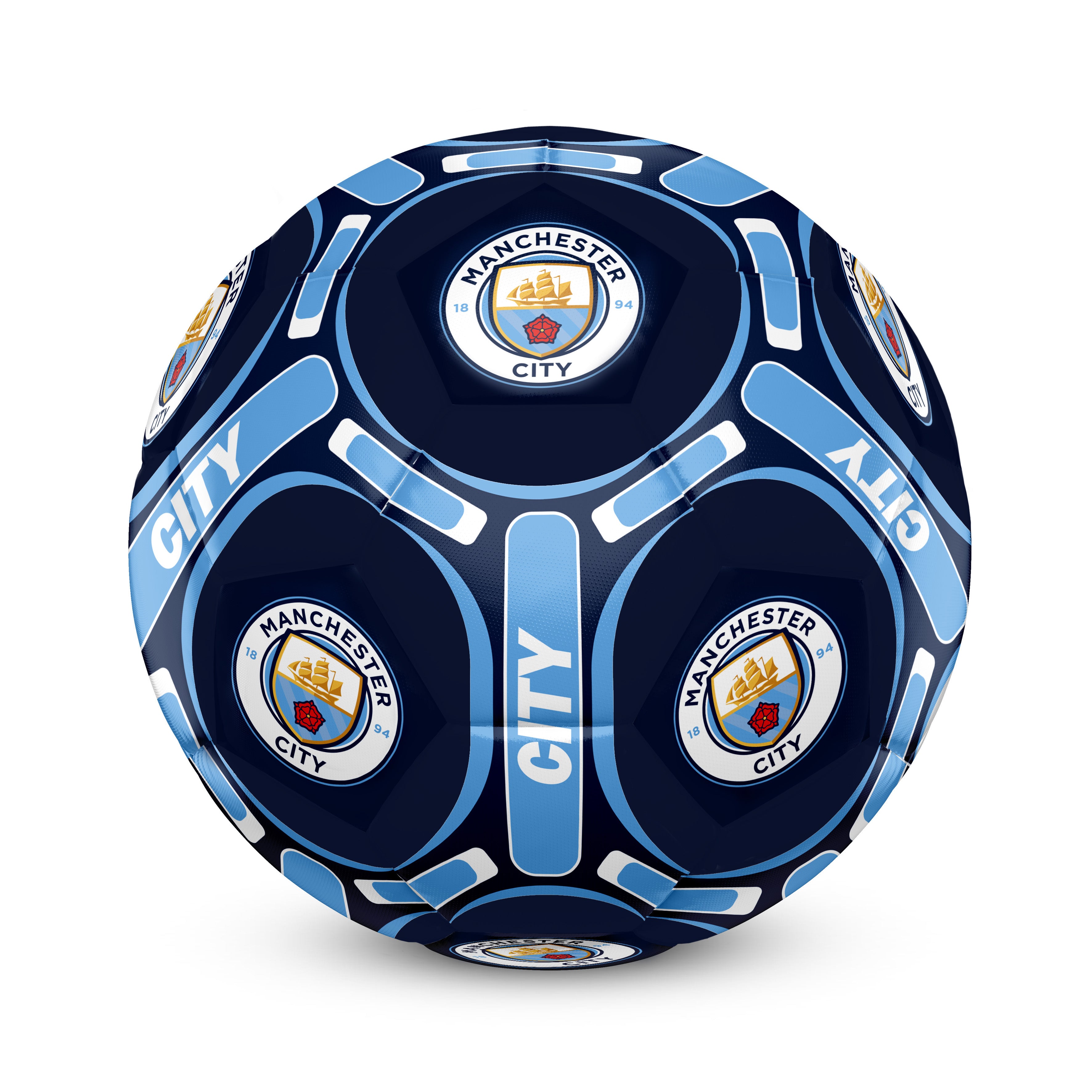 Man City size 4 blue ball with club crest & text. MCFC crest & players text print to each glove.