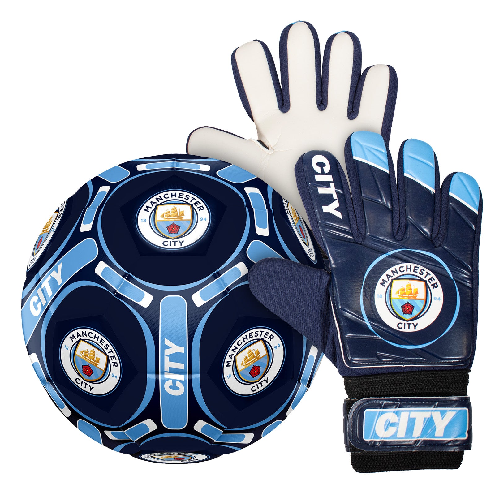 Man City size 4 blue ball with club crest & text. MCFC crest & players text print to each glove.