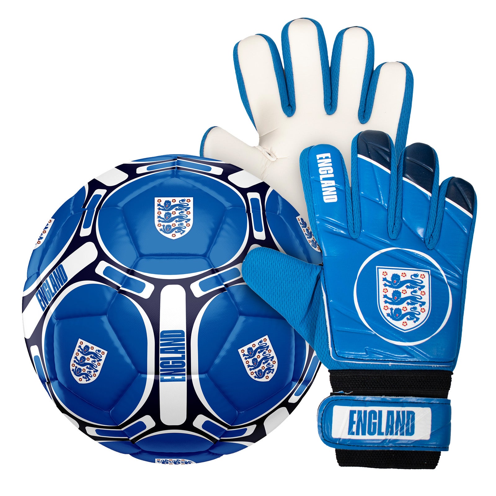 England FA size 4 red & blue ball with 3 lions crest print to football and each glove.