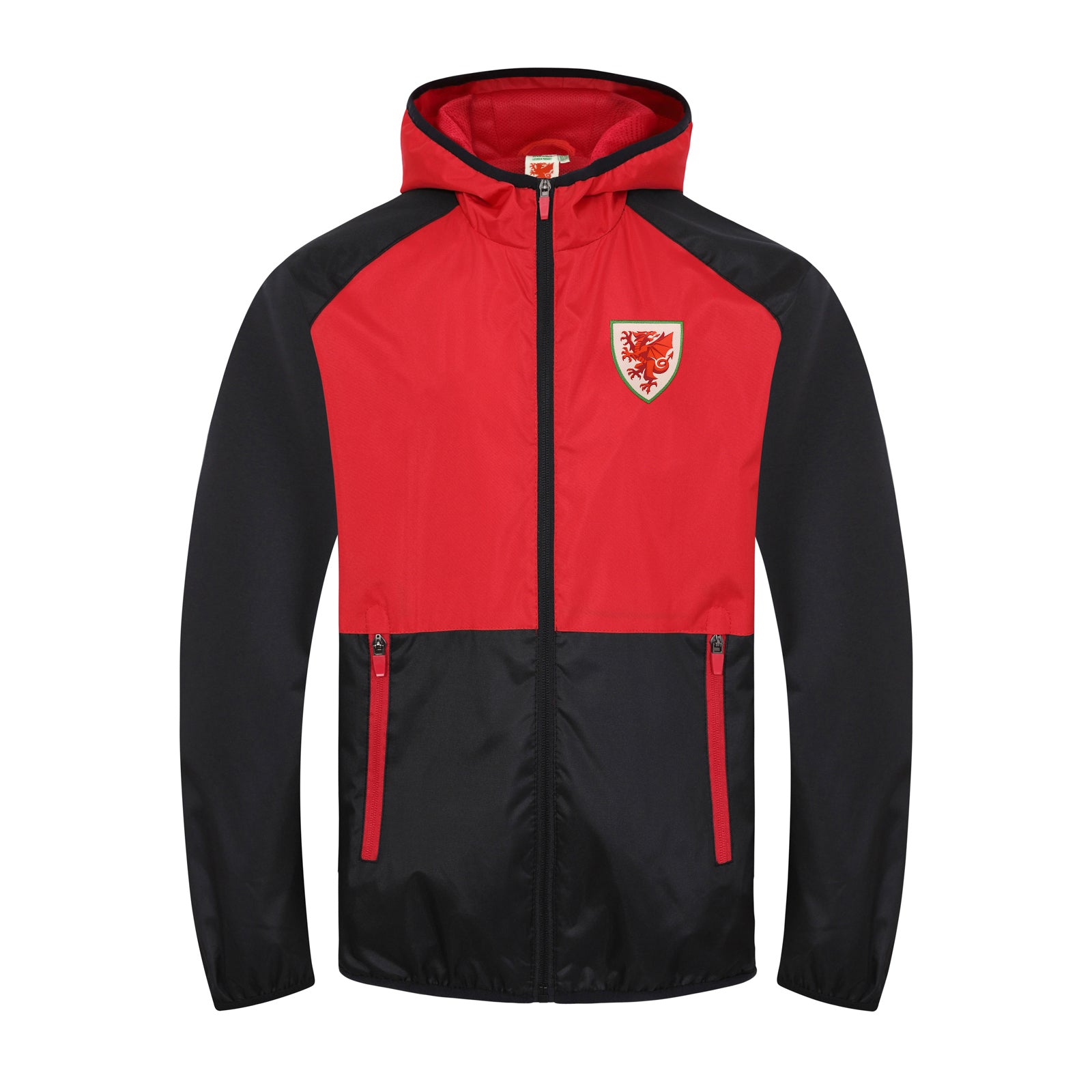 Wales kids shower jacket in black with Wales FA club badge to the left chest.