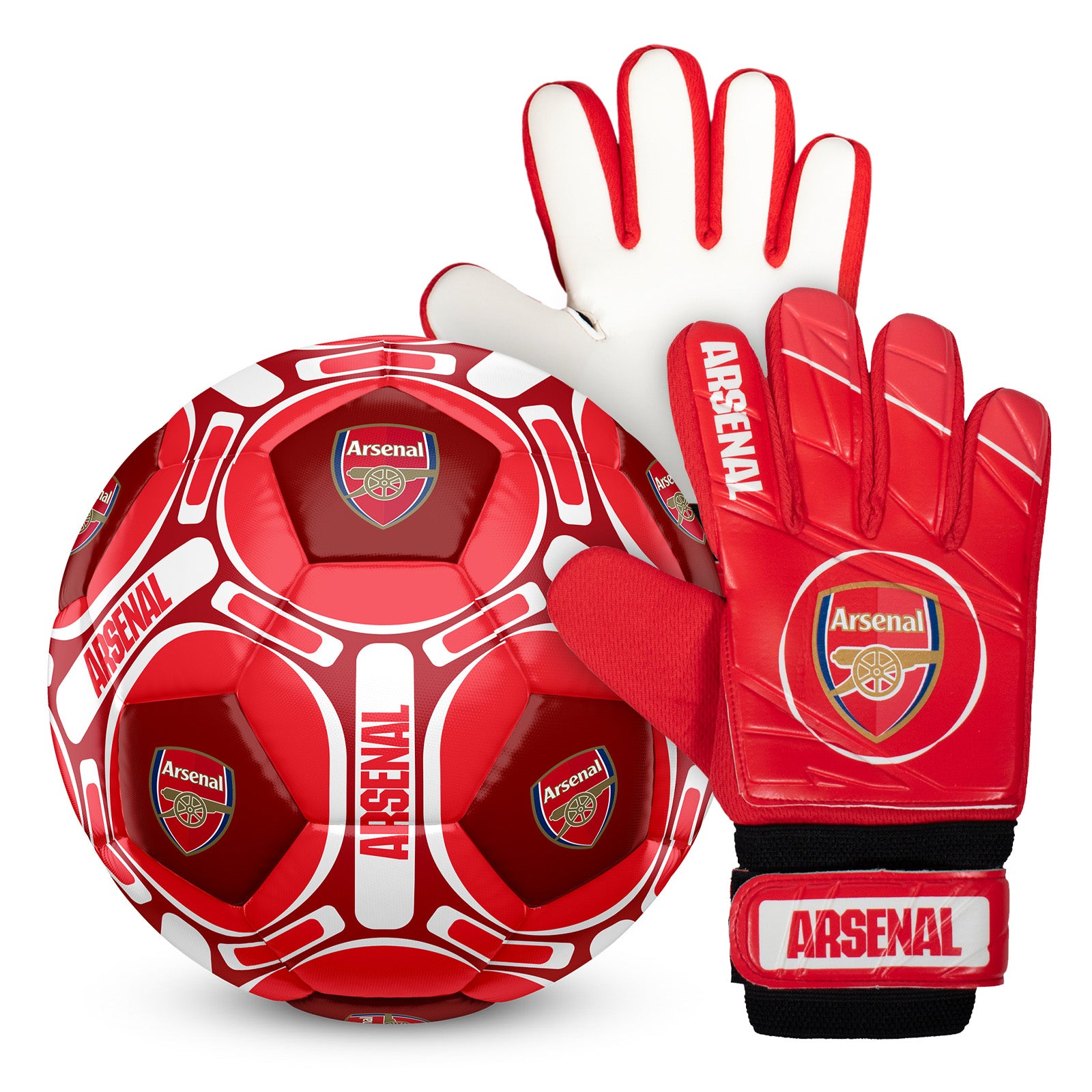 Arsenal size 4 red ball with club crest & text. AFC badge & text print to each glove.