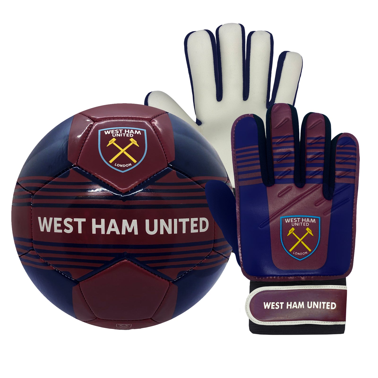 West Ham size 4 claret ball with club crest & text. WHUFC crest & text print to each glove.