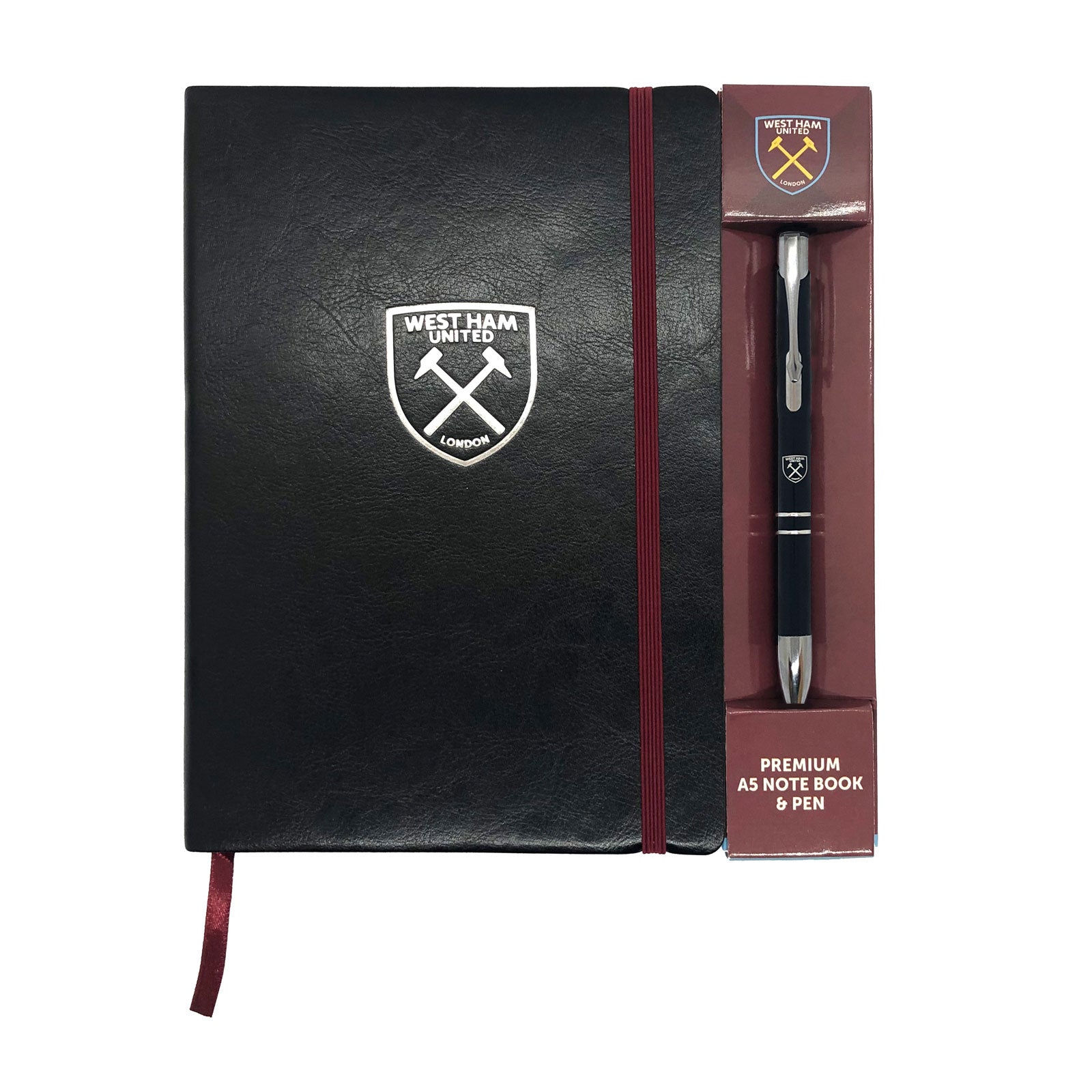 West Ham notebook & pen in black with silver foil crest in club design gift box.