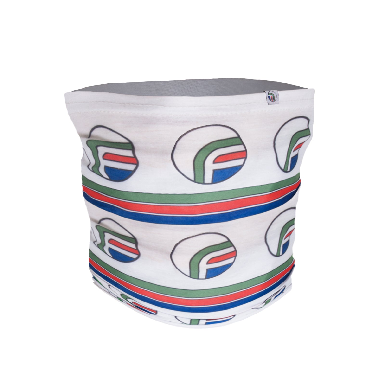 One-piece snood neck scarf in white, one size with all over Fan Originals branding.