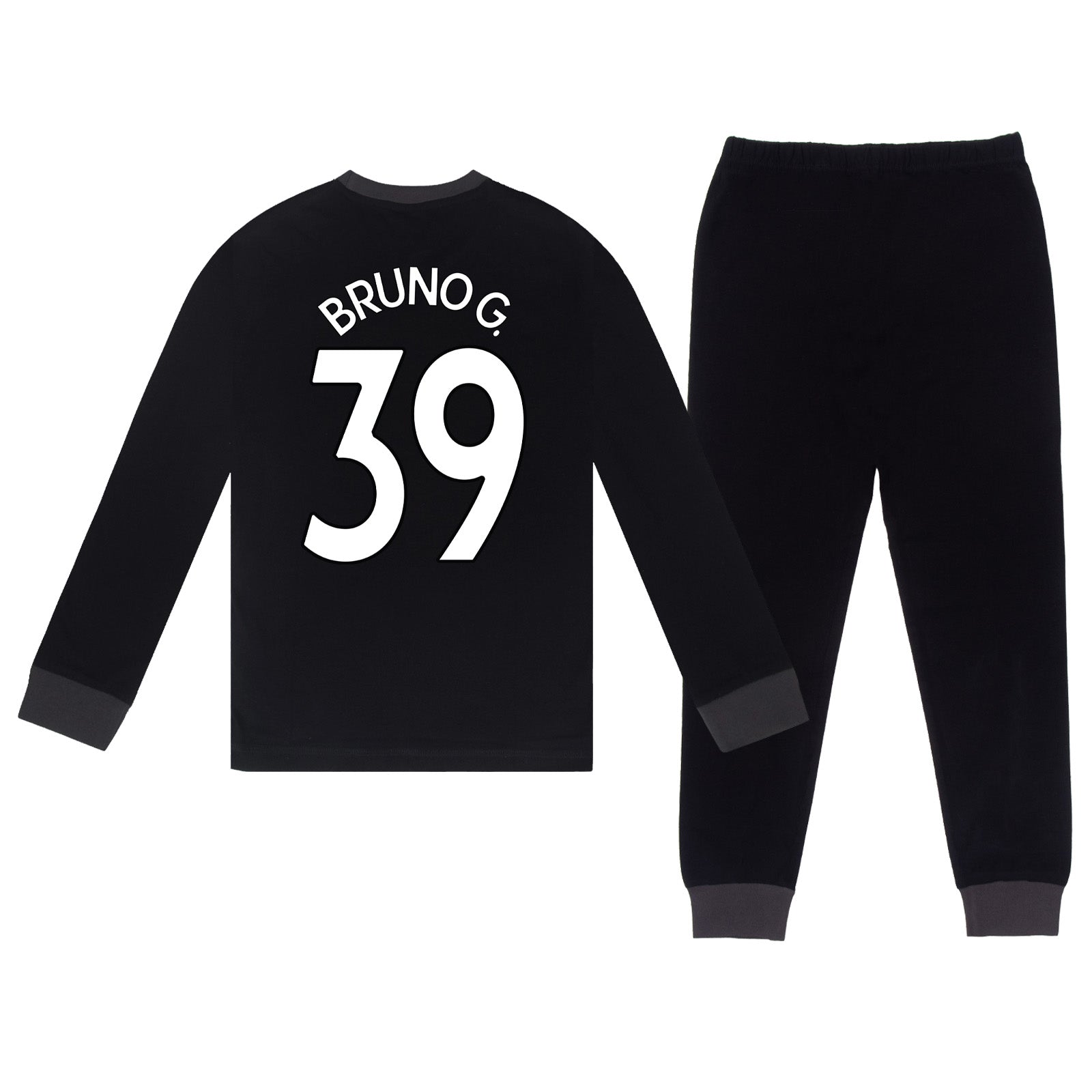 Newcastle Utd kids long pyjamas in black with long sleeve top with graphic crest with long legged bottoms