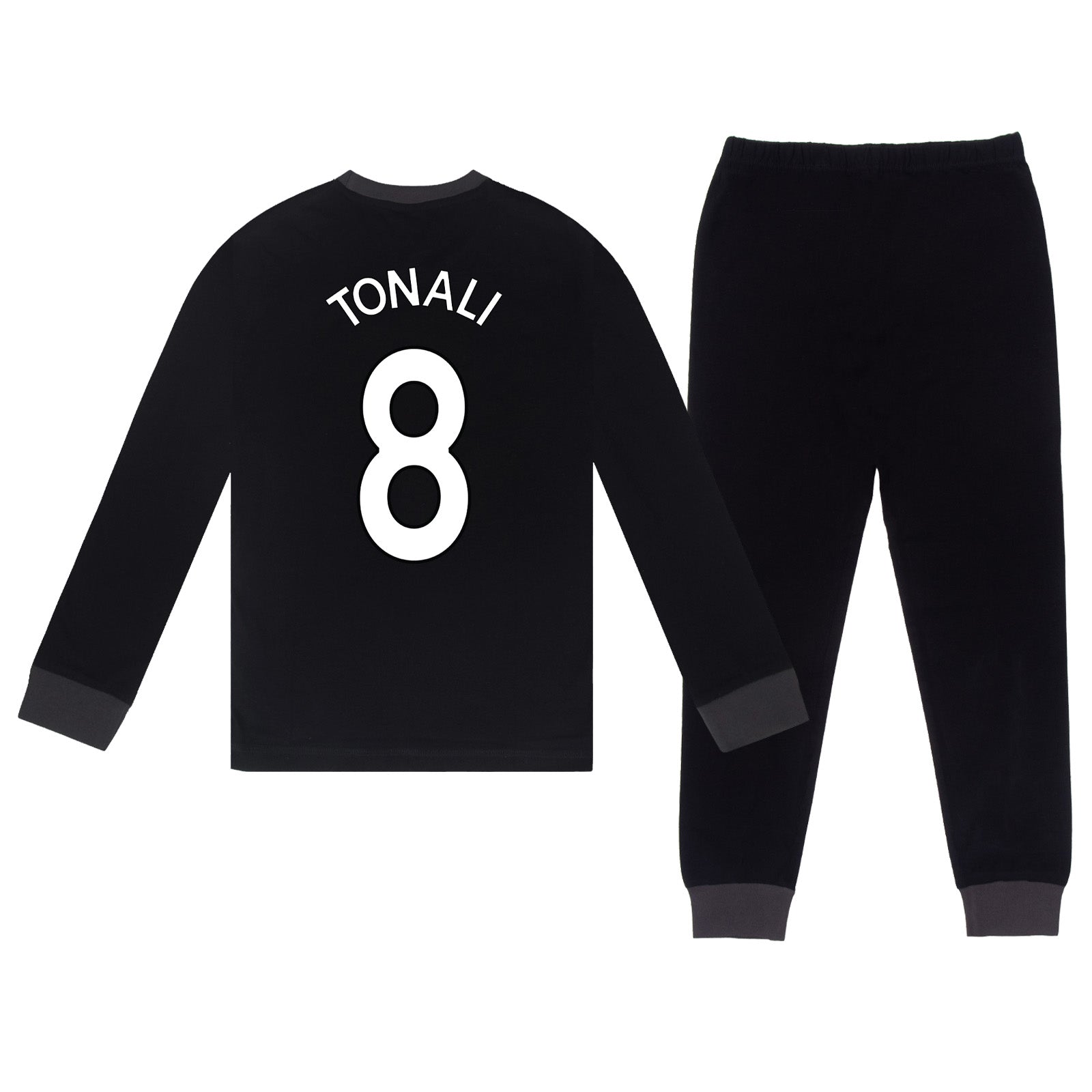 Newcastle Utd kids long pyjamas in black with long sleeve top with graphic crest with long legged bottoms