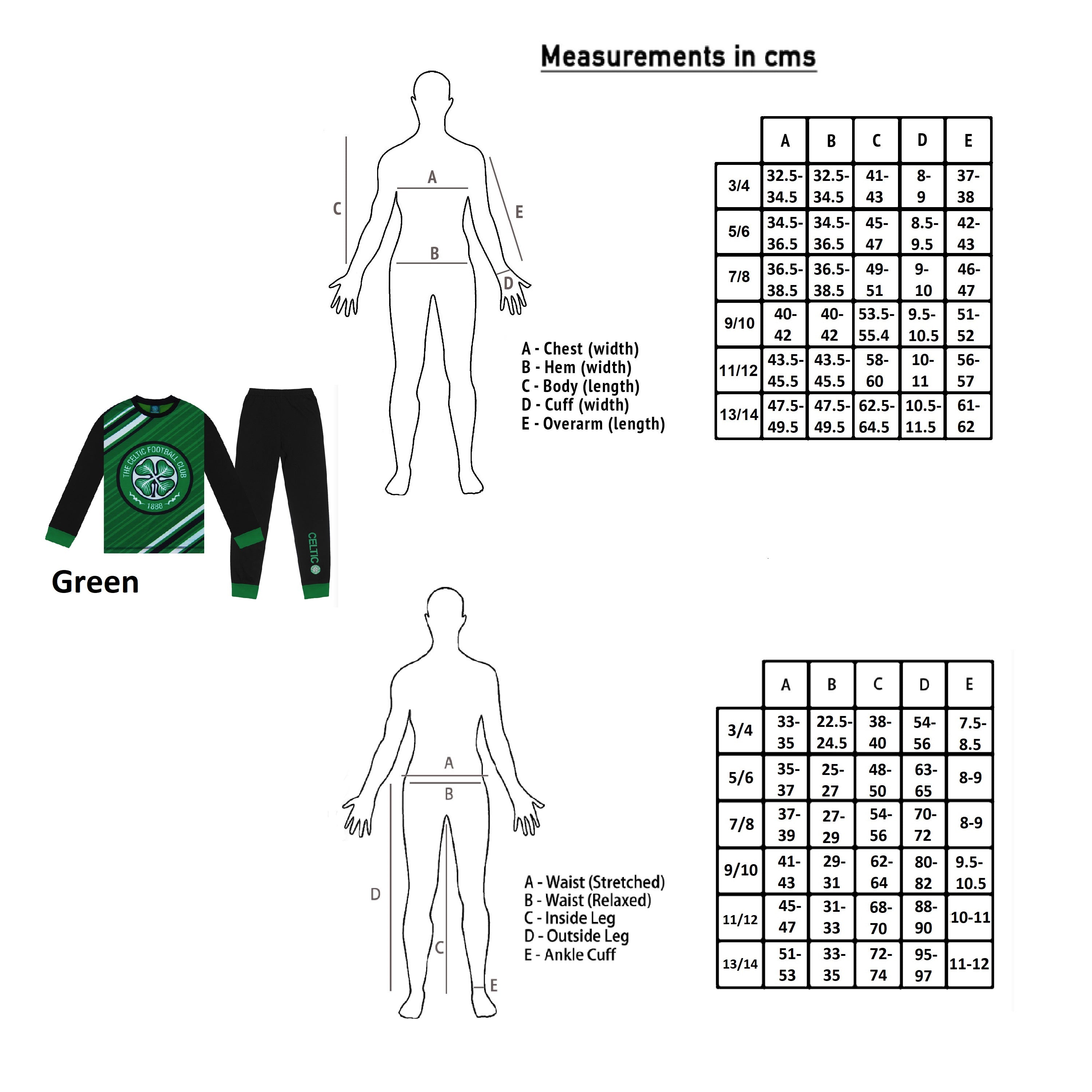 Celtic kids long pyjamas in green. Long sleeve top with graphic and club crest. Long legged bottoms with crest.