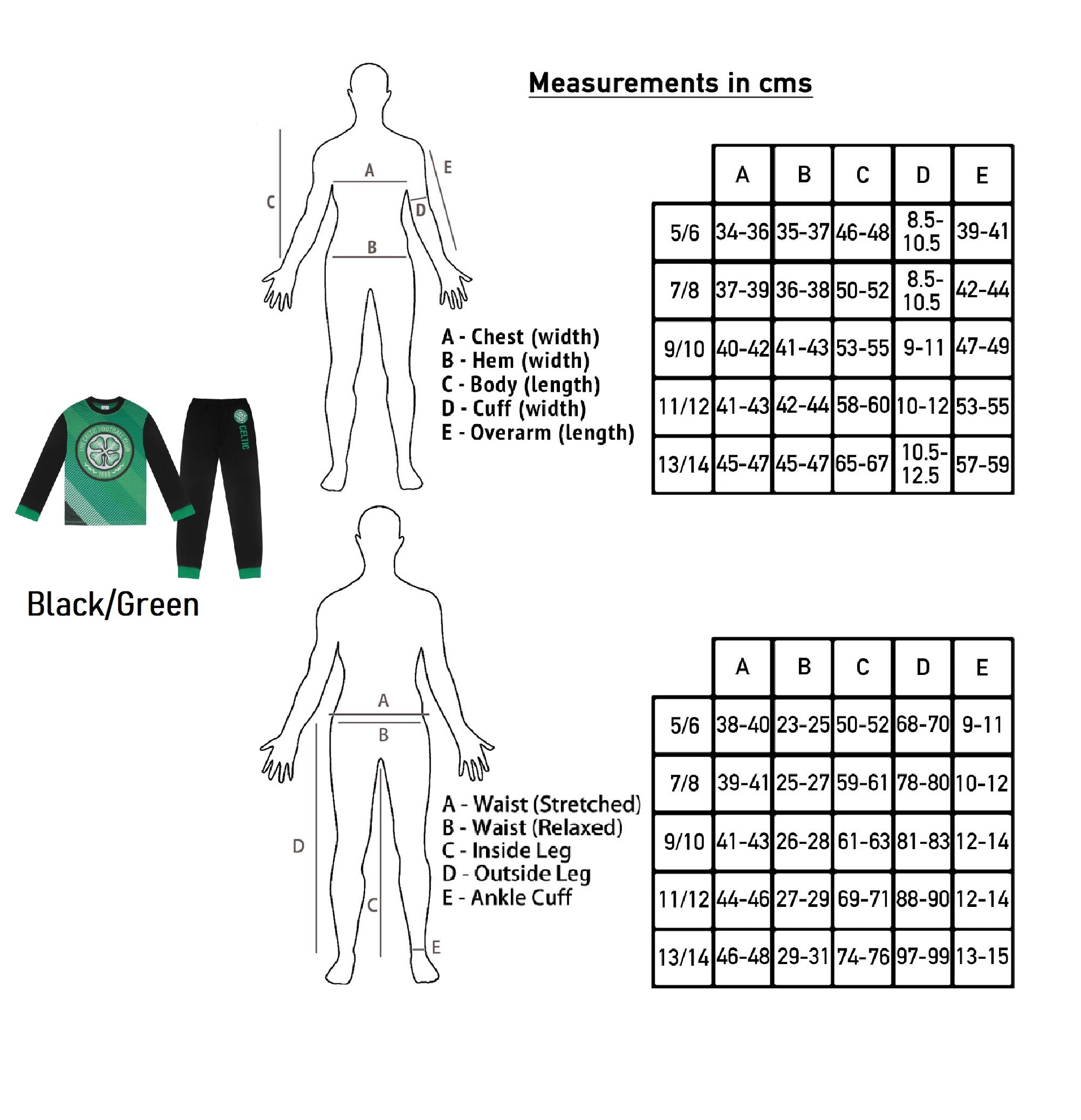 Celtic kids long pyjamas in green. Long sleeve top with graphic and club crest. Long legged bottoms with crest.