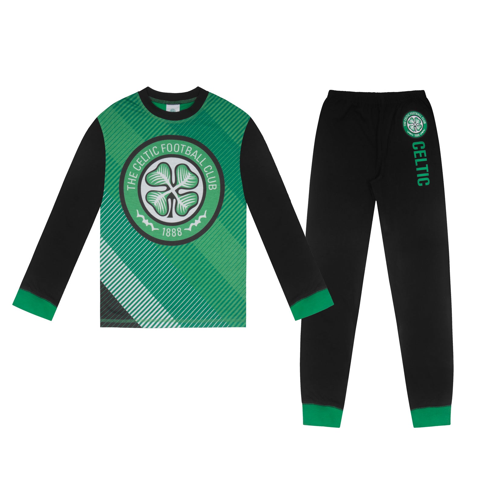 Celtic kids long pyjamas in black & grey. Long sleeve top with graphic and club crest. Long legged bottoms with crest.
