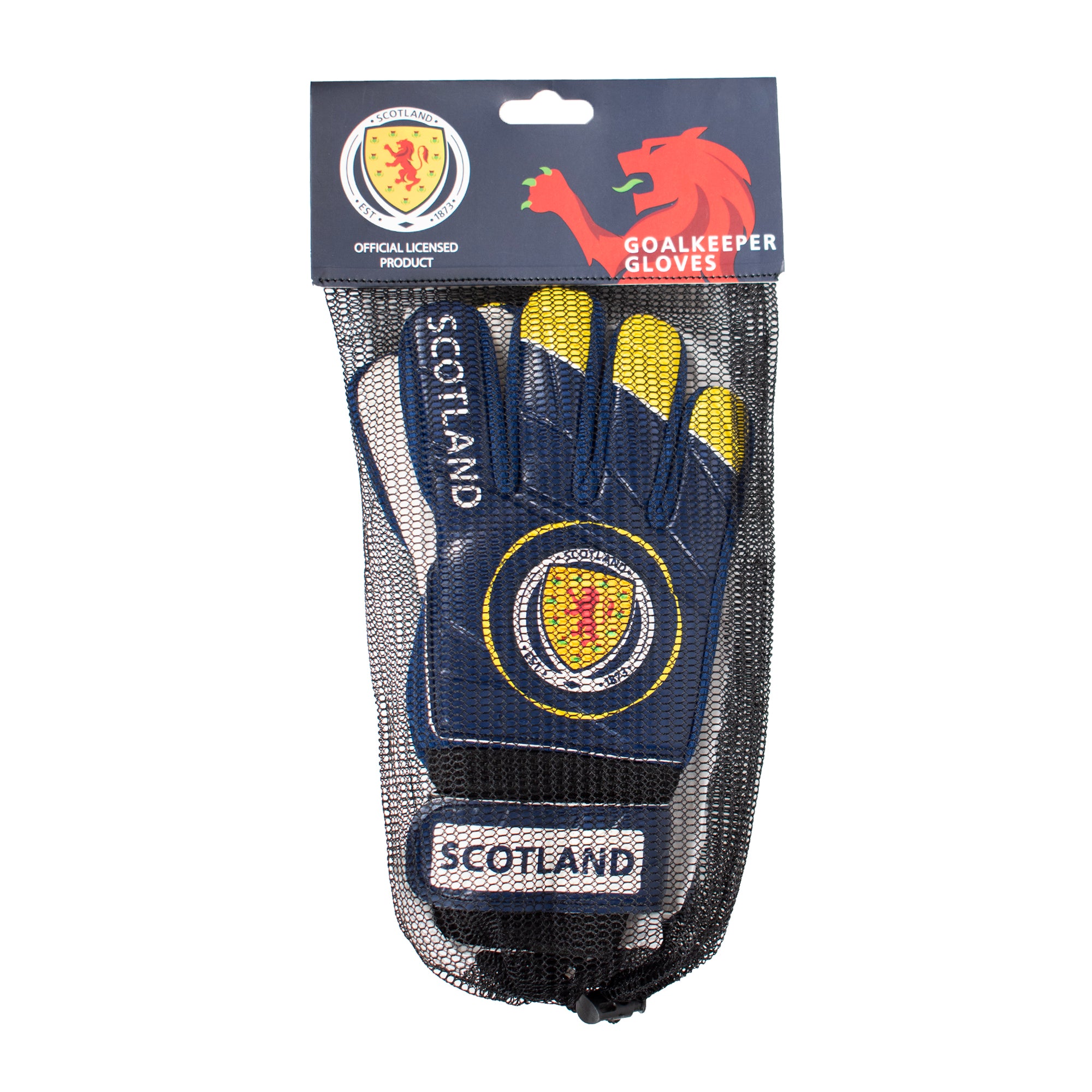 Scotland navy blue goalkeeper gloves with Scotland crest & text print to each glove