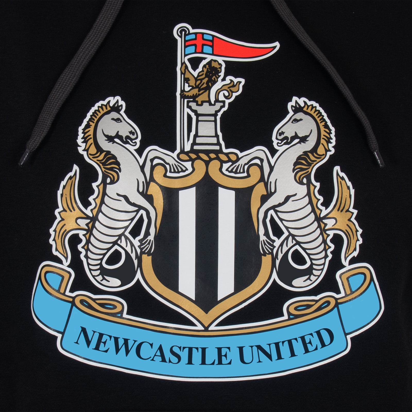 Newcastle United adults hoodie in black with a NUFC club crest across the front.