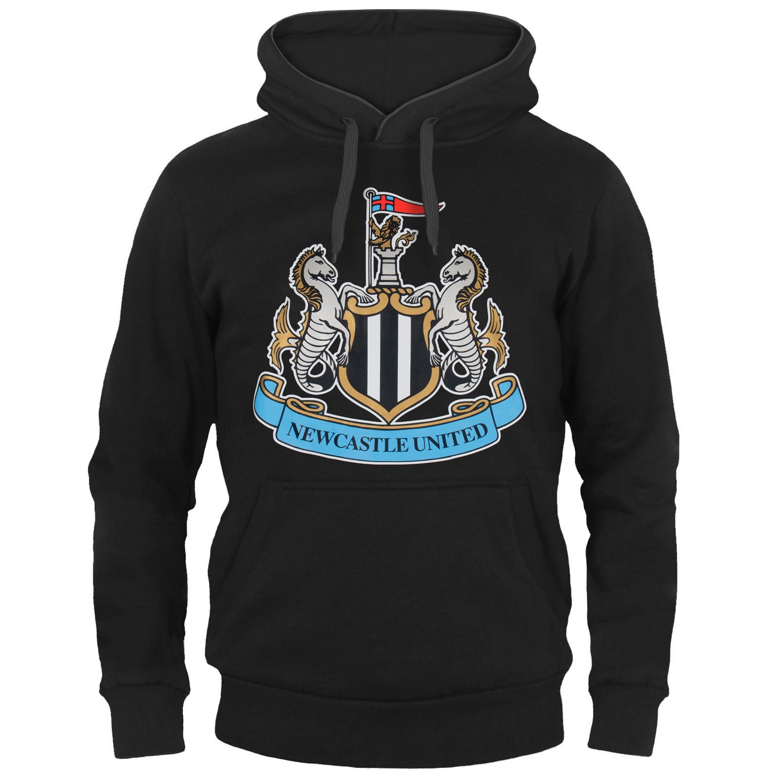 Newcastle United adults hoodie in black with a NUFC club crest across the front.