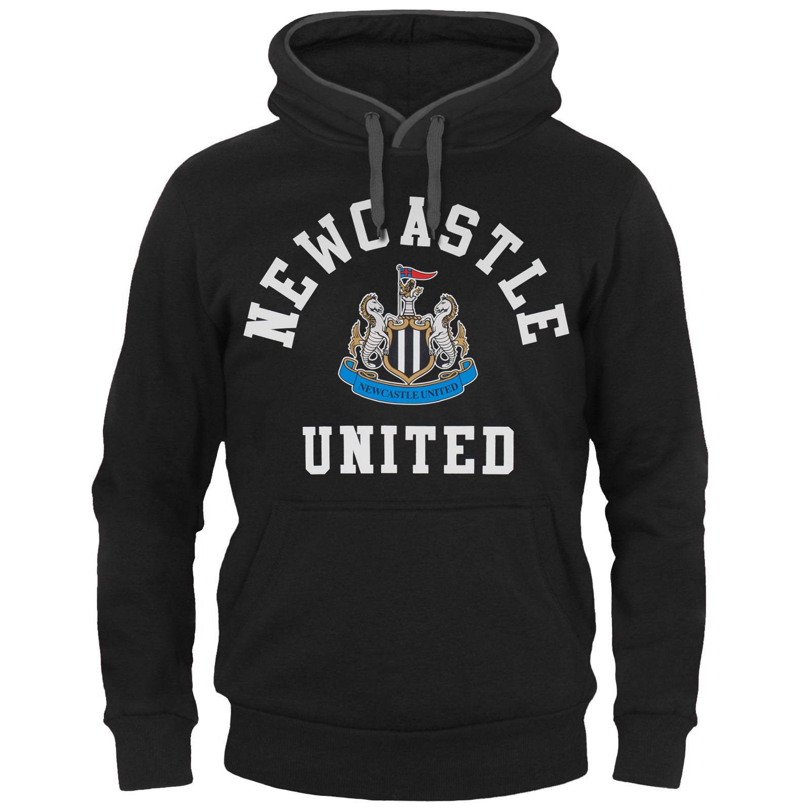 Newcastle United adults hoodie in black with a NUFC club crest across the front.
