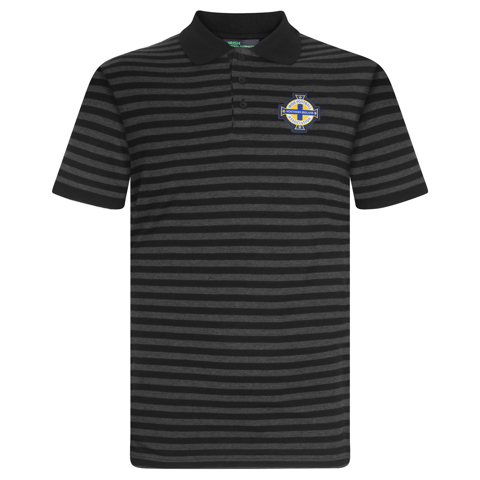 Northern Ireland polo shirt for adults in black & grey with national team crest to chest.