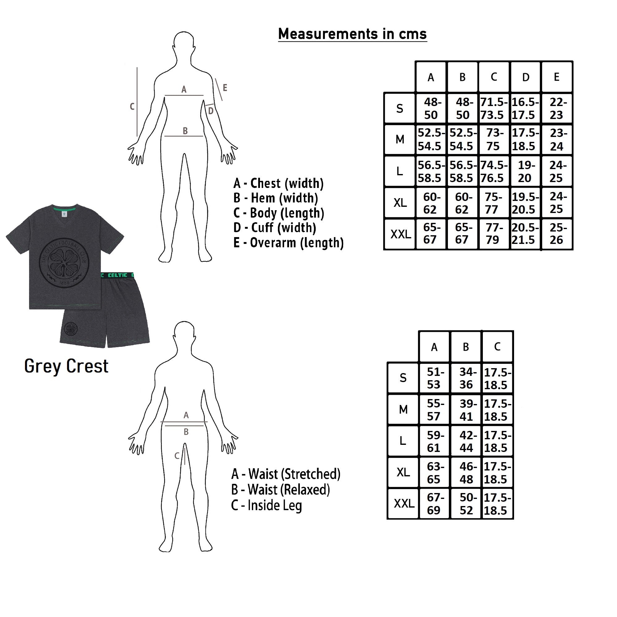 Celtic adults pyjamas in grey. Short sleeve shirt with branded graphic and shorts with logo to the left leg.
