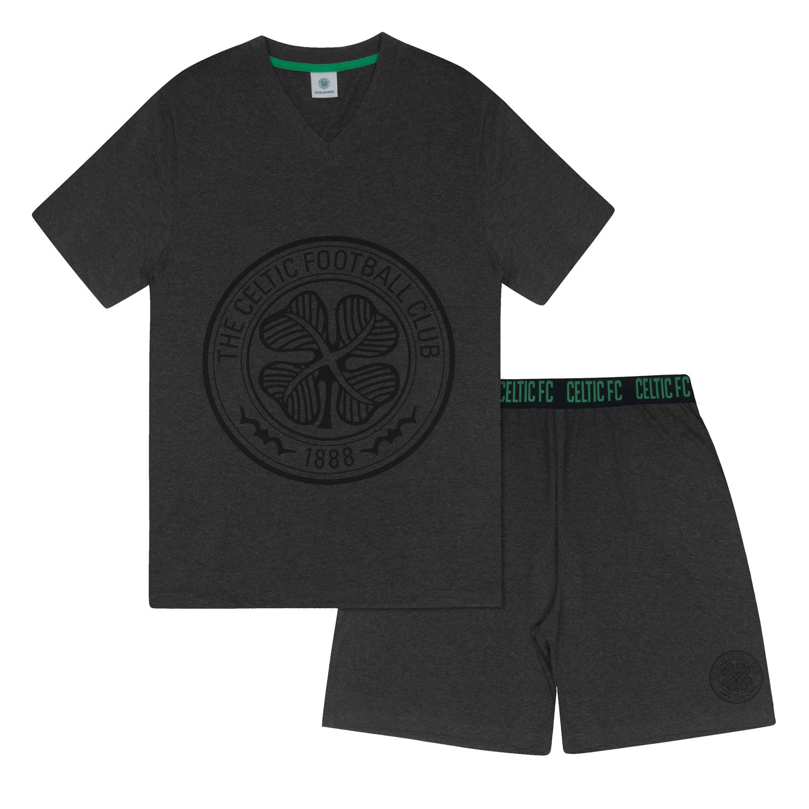 Celtic adults pyjamas in grey. Short sleeve shirt with branded graphic and shorts with logo to the left leg.