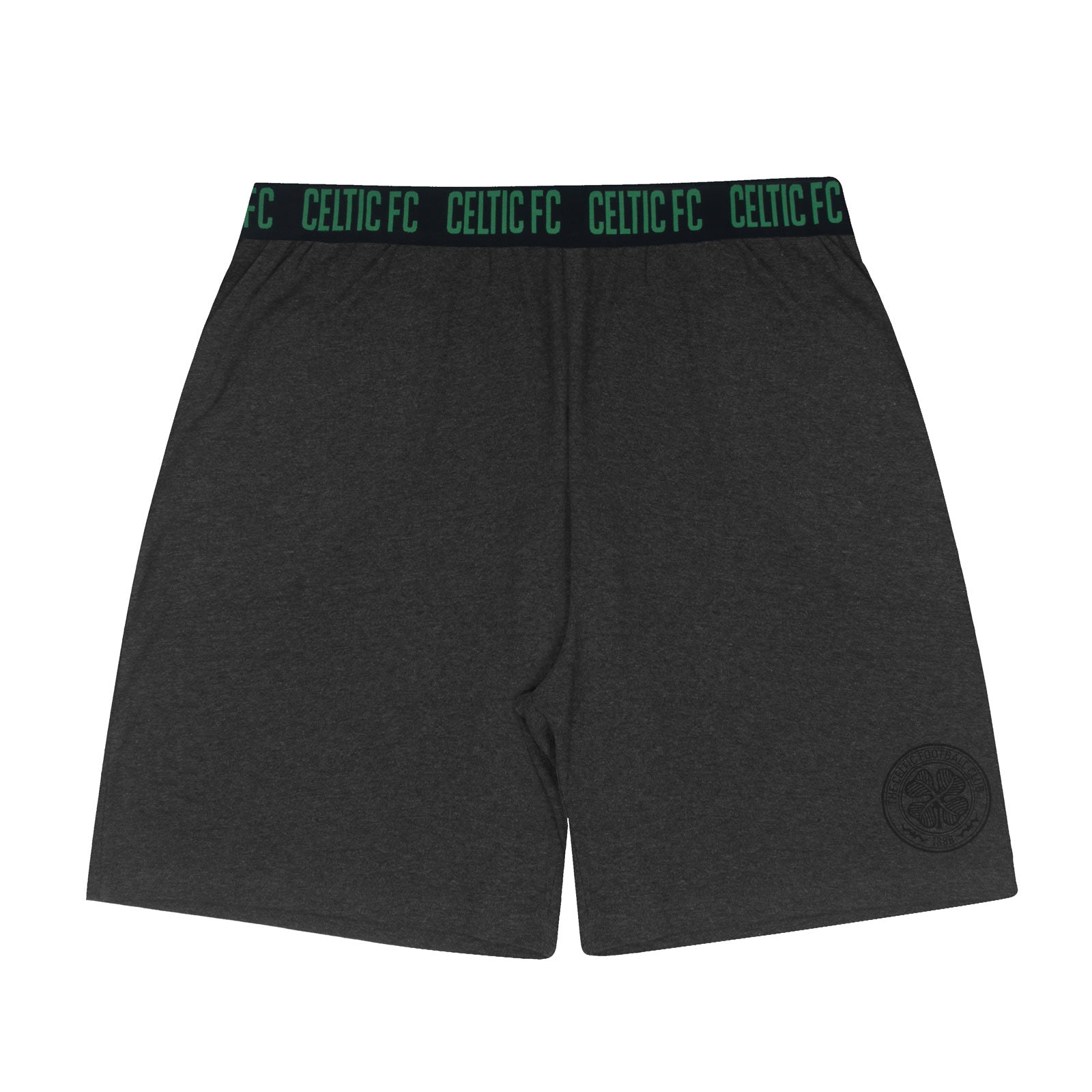 Celtic adults pyjamas in grey. Short sleeve shirt with branded graphic and shorts with logo to the left leg.