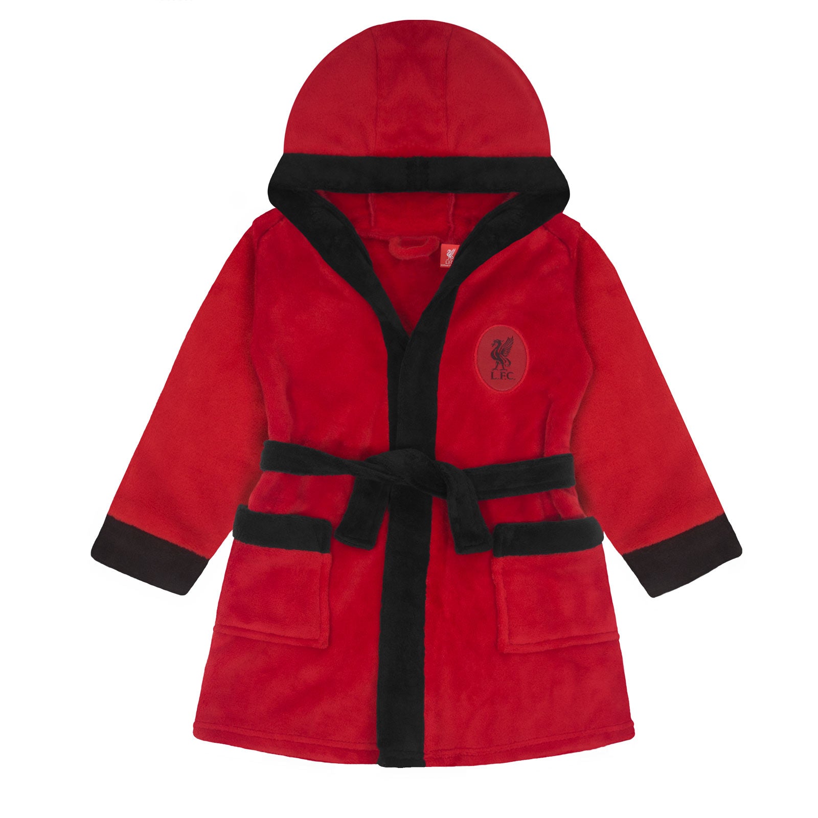Liverpool baby's hooded dressing gown in red with a crest