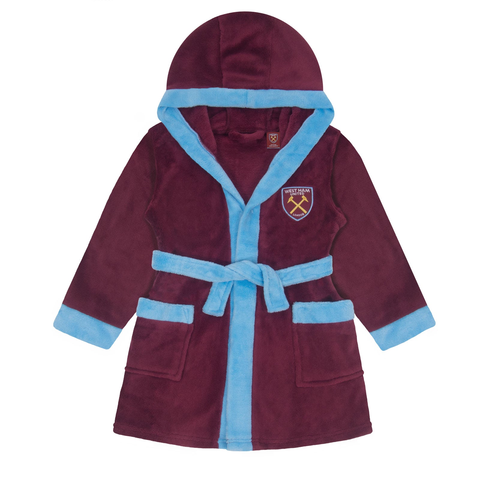 West Ham baby dressing gown in claret and blue trim