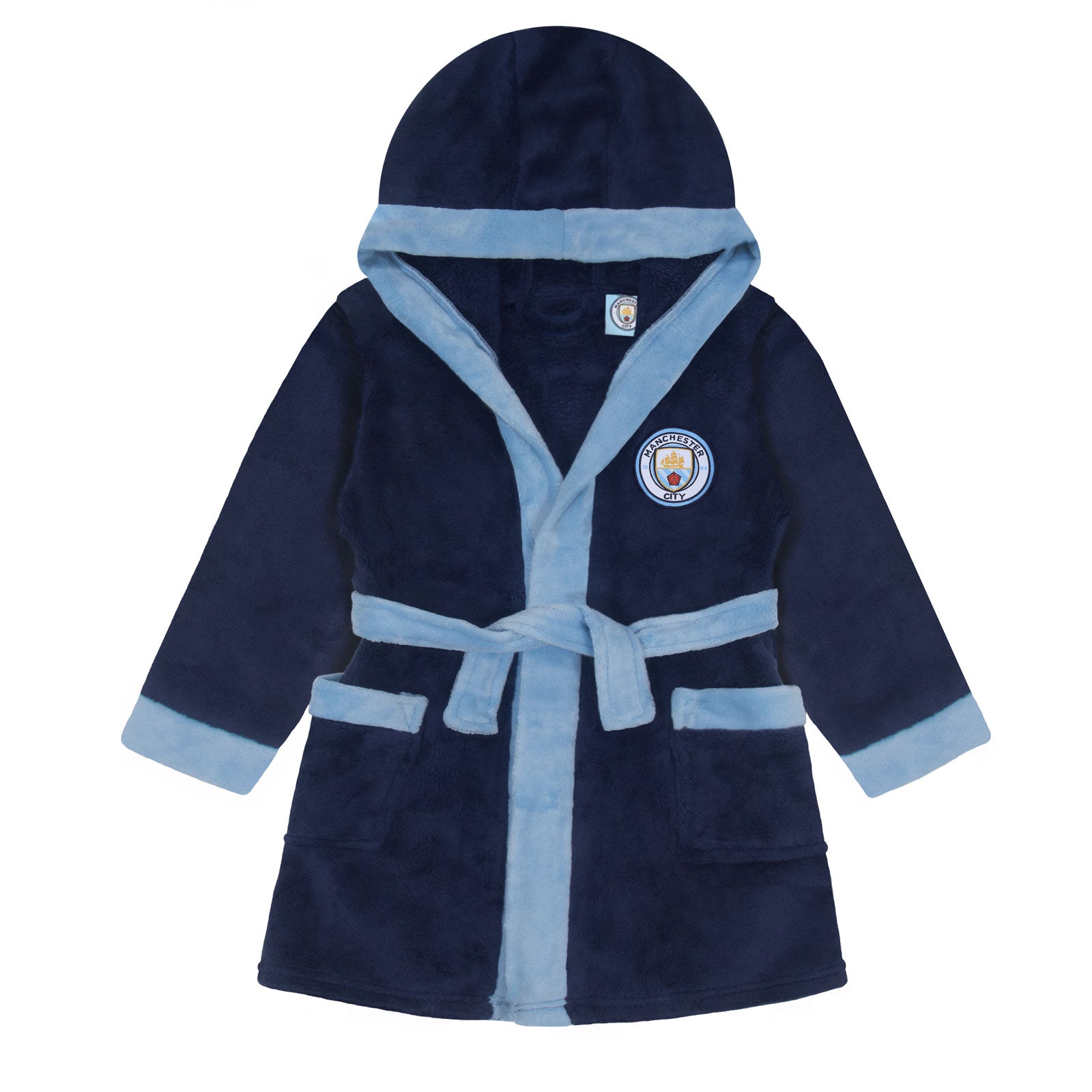 Man City baby's hooded dressing gown in navy blue with crest.
