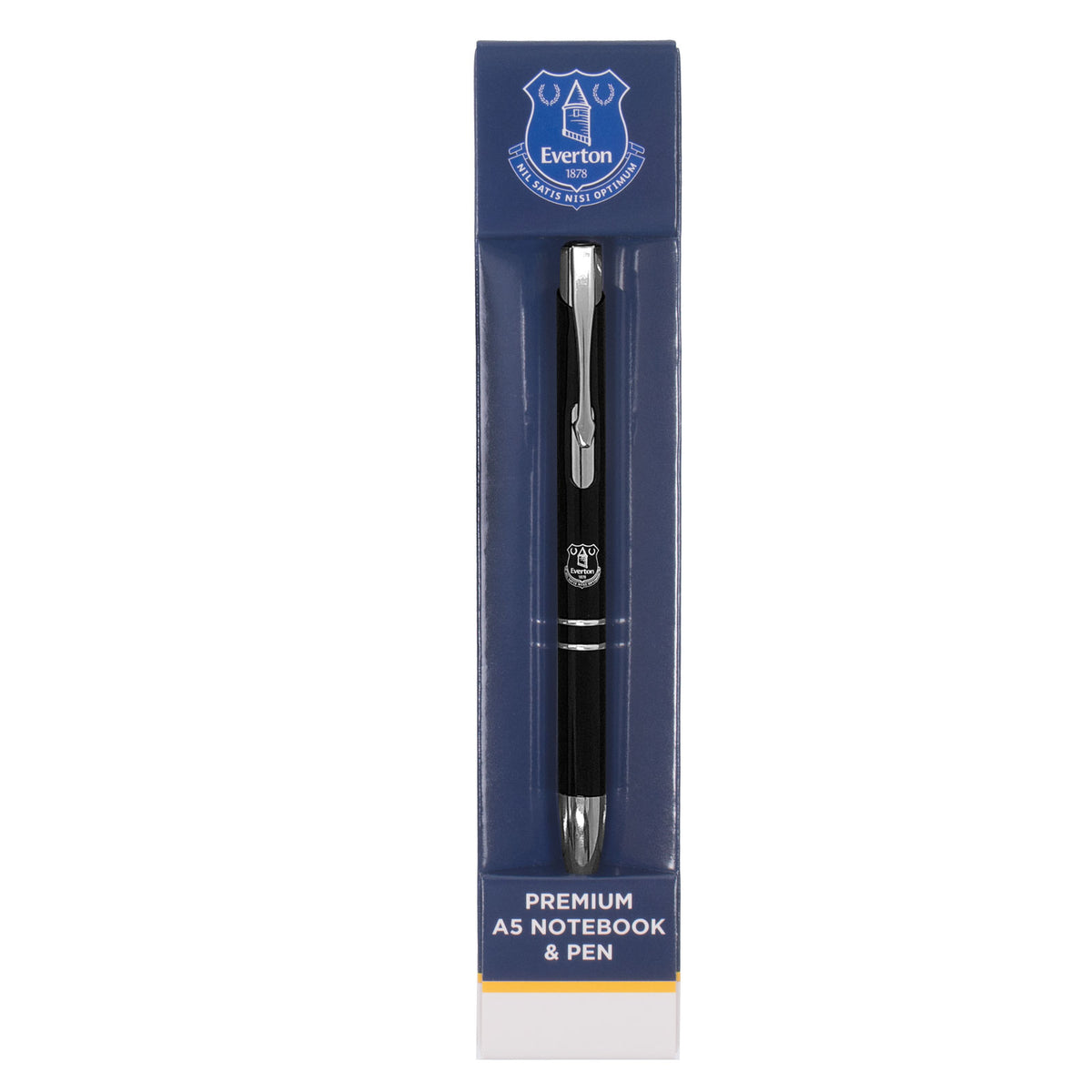 Everton notebook & pen in black with silver foil crest in club design gift box.