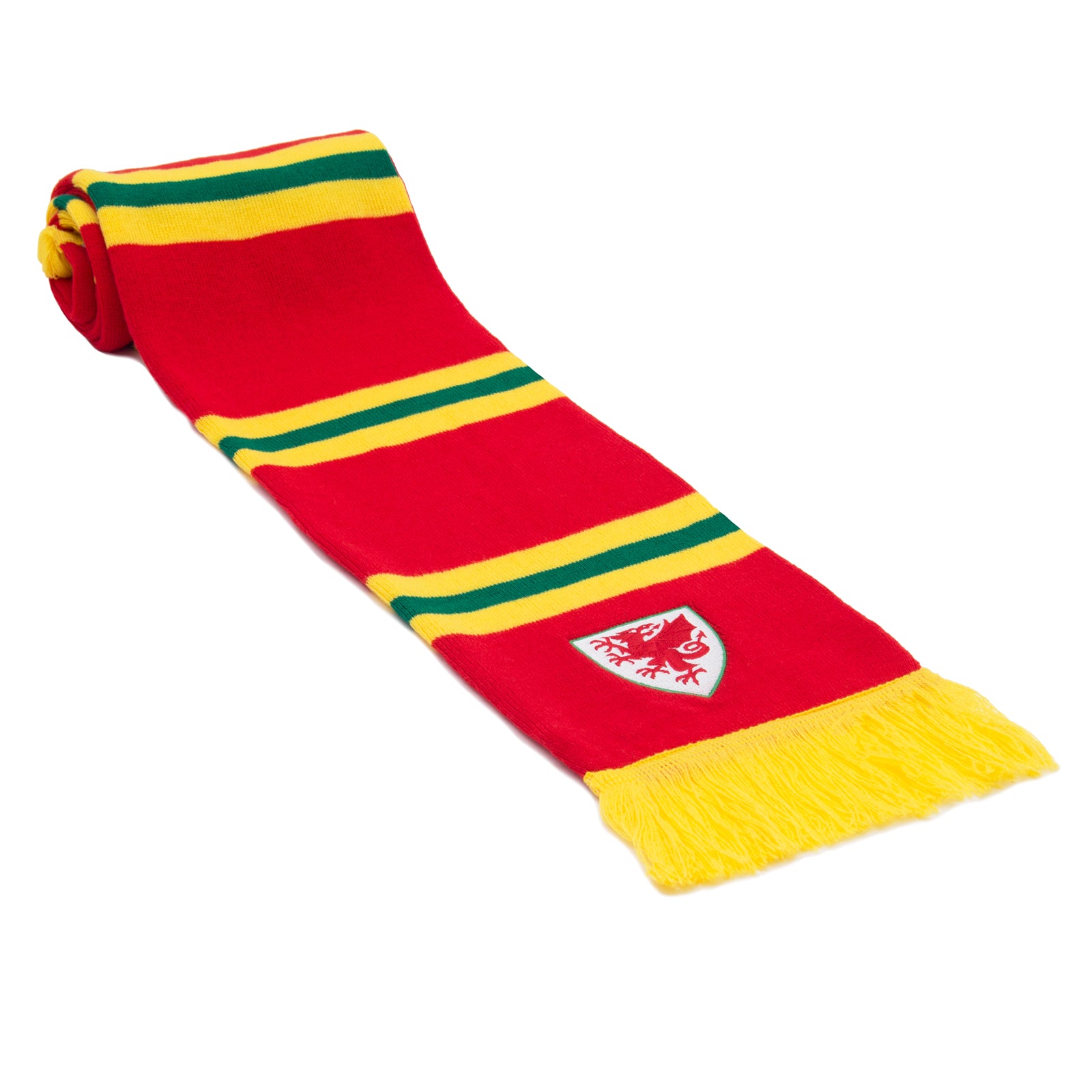 Wales bar scarf & bobble hat in red, yellow & green with Wales crest to hat & to end of the scarf.