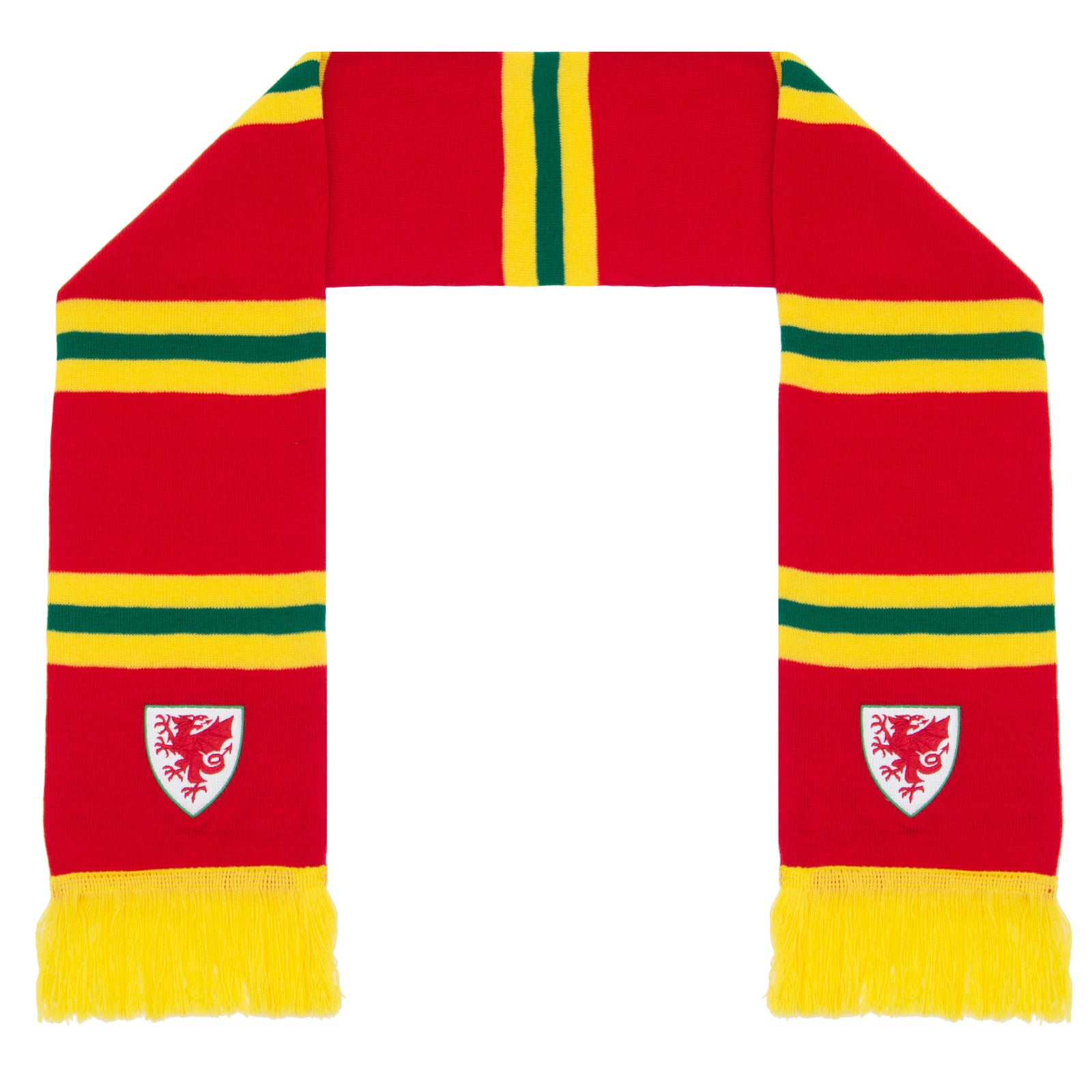 Wales bar scarf & bobble hat in red, yellow & green with Wales crest to hat & to end of the scarf.