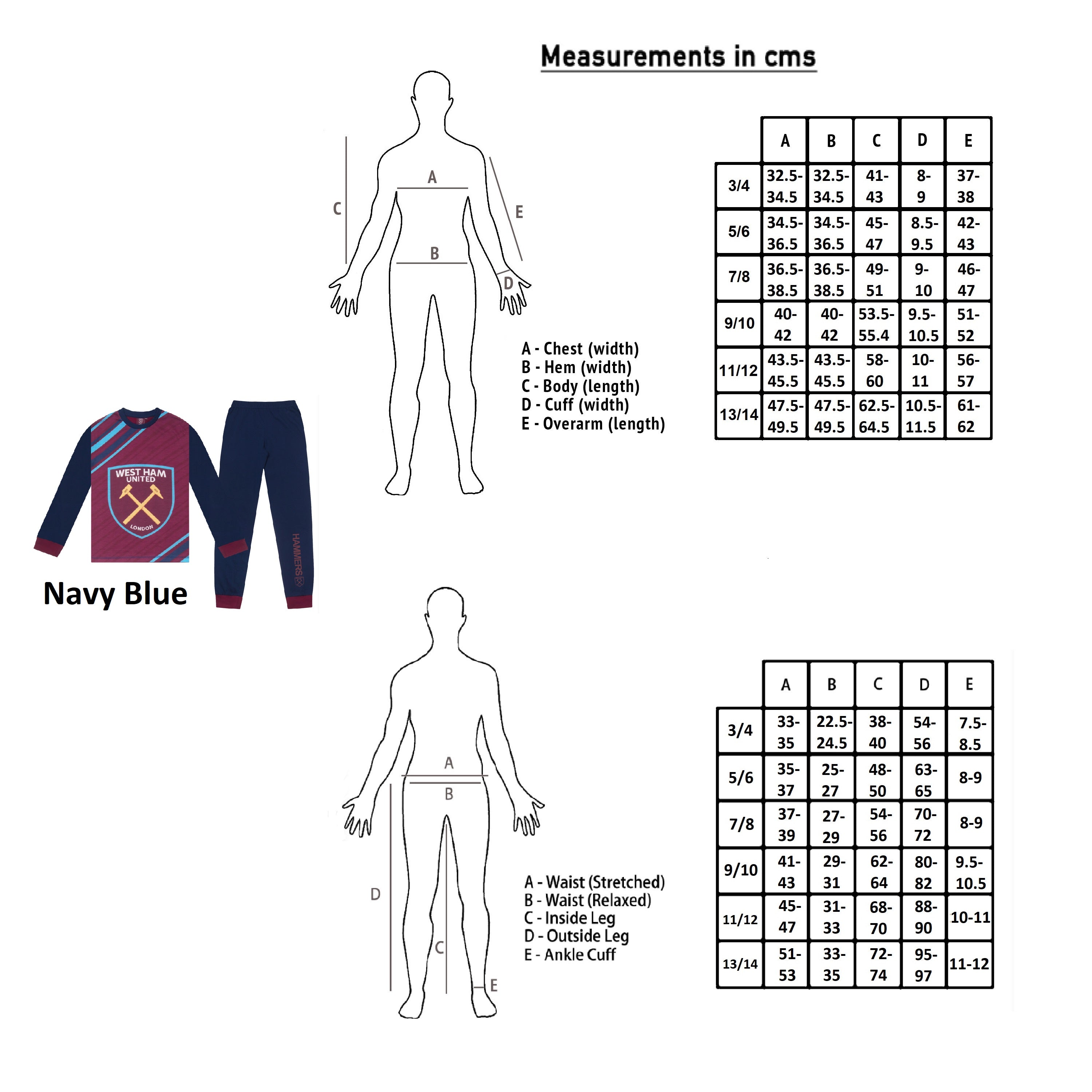 West Ham kids long pyjamas in navy blue. Long sleeved top with graphic and long bottoms