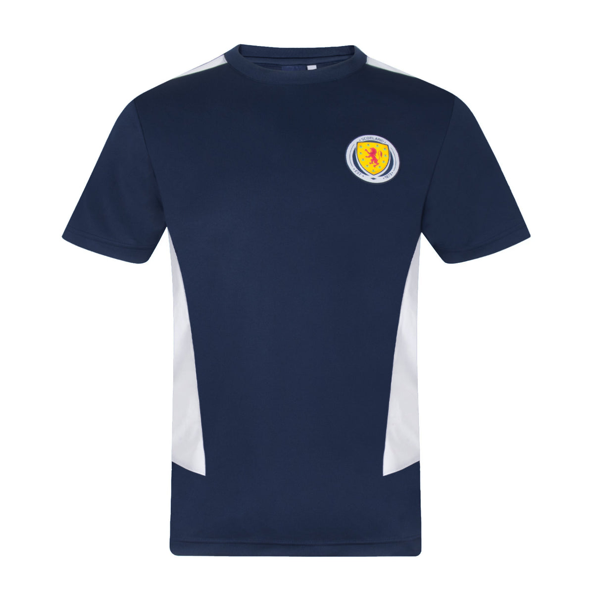 Scotland FA kids polyester T-shirt in navy blue with national team crest to chest.