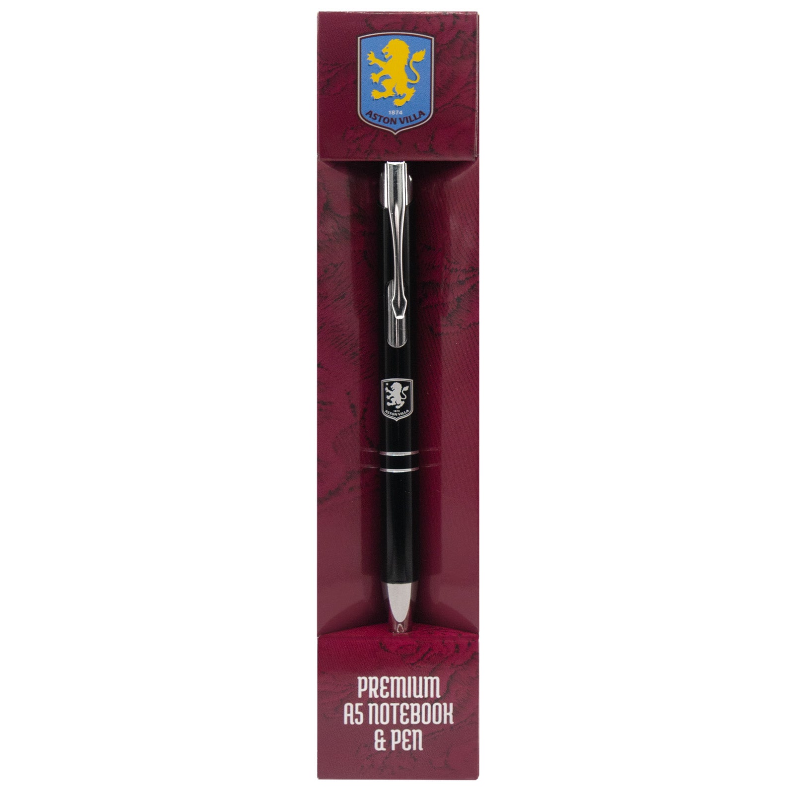 Aston Villa notebook & pen in black with silver foil crest in club design gift box.