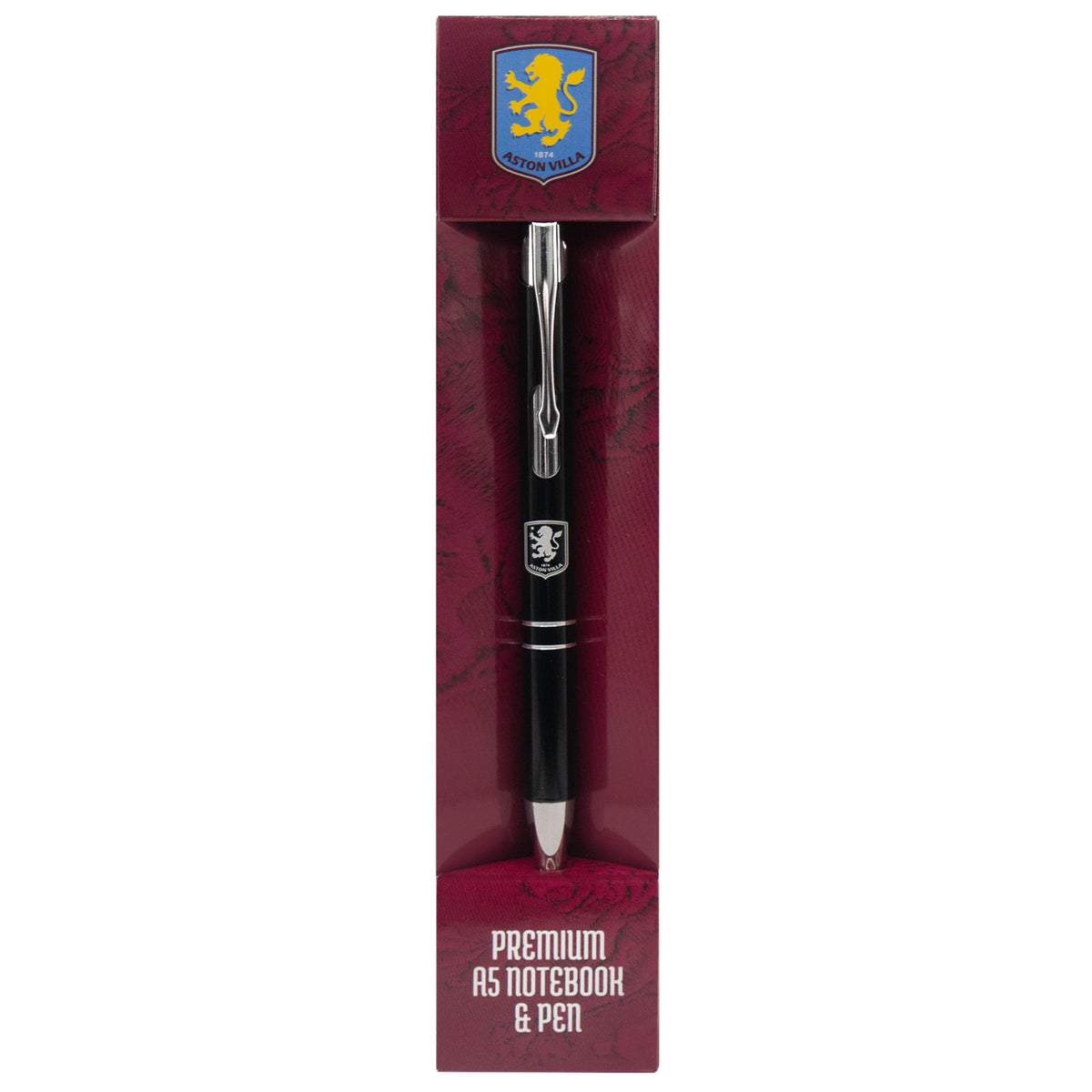 Aston Villa notebook & pen in black with silver foil crest in club design gift box.