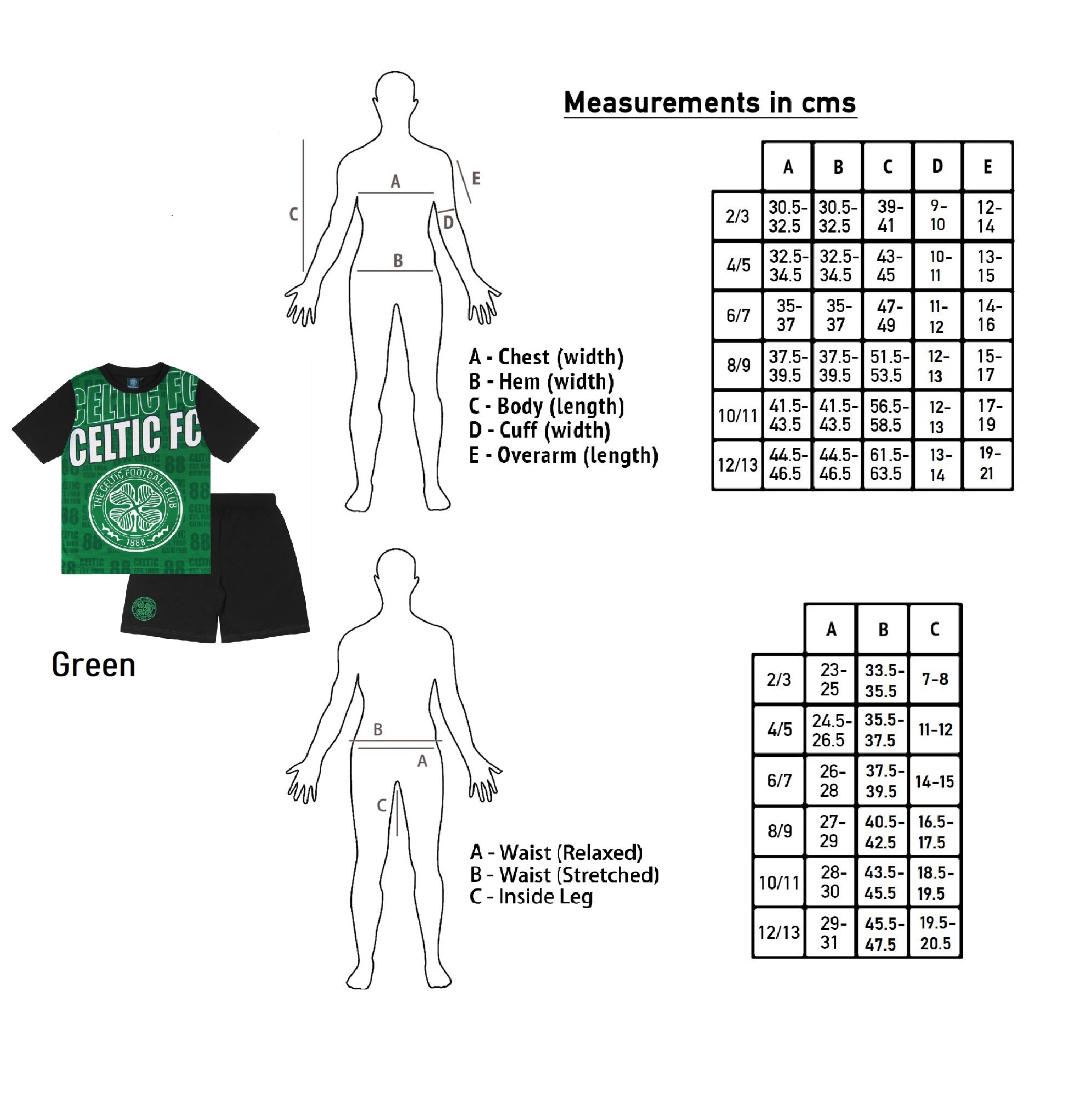 Celtic kids short pyjamas in green & black. Short sleeved top & shorts with crest & text