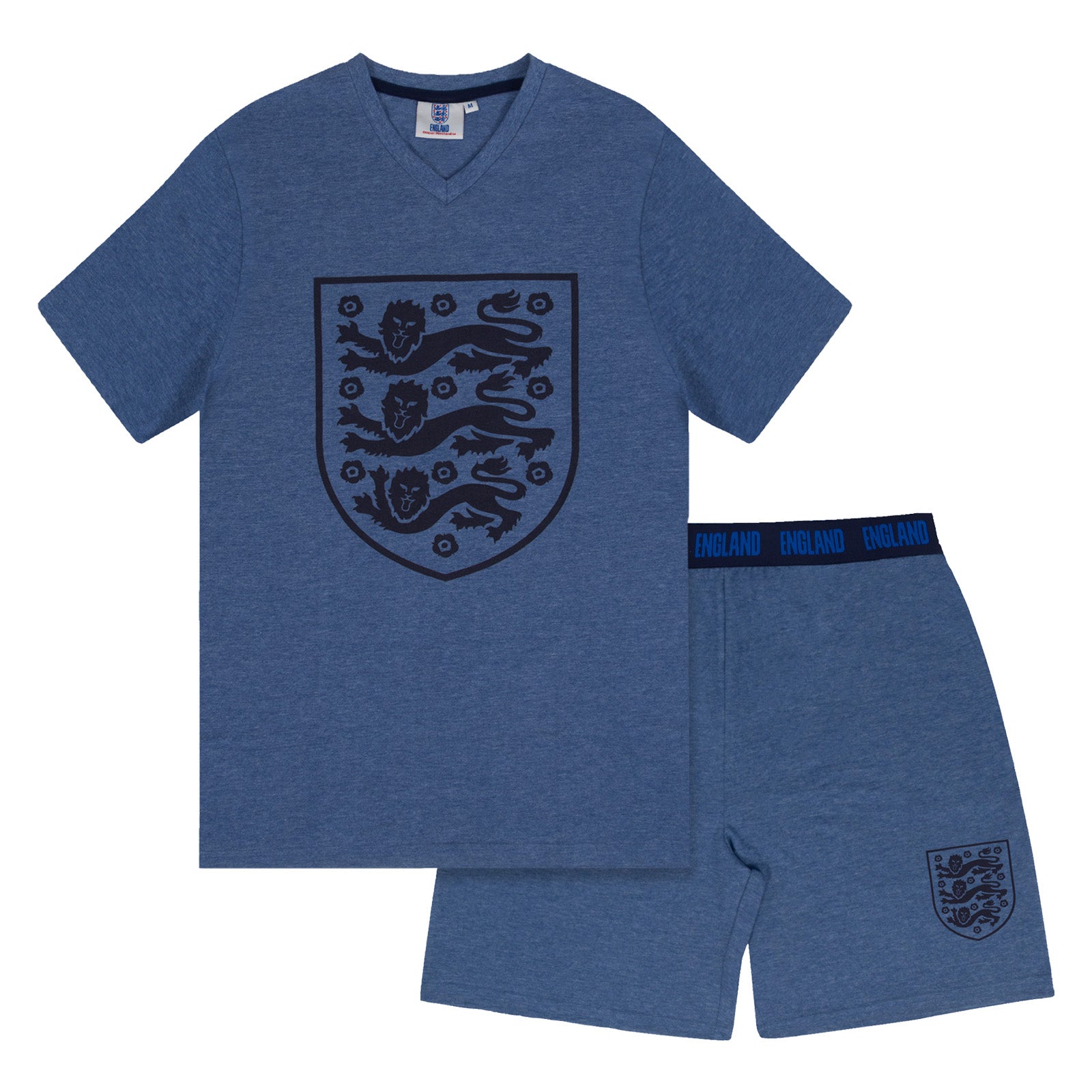 England adults short pyjamas in navy marl. T-shirt and shorts set featuring the three lions crest plus 'ENGLAND text to the waistband