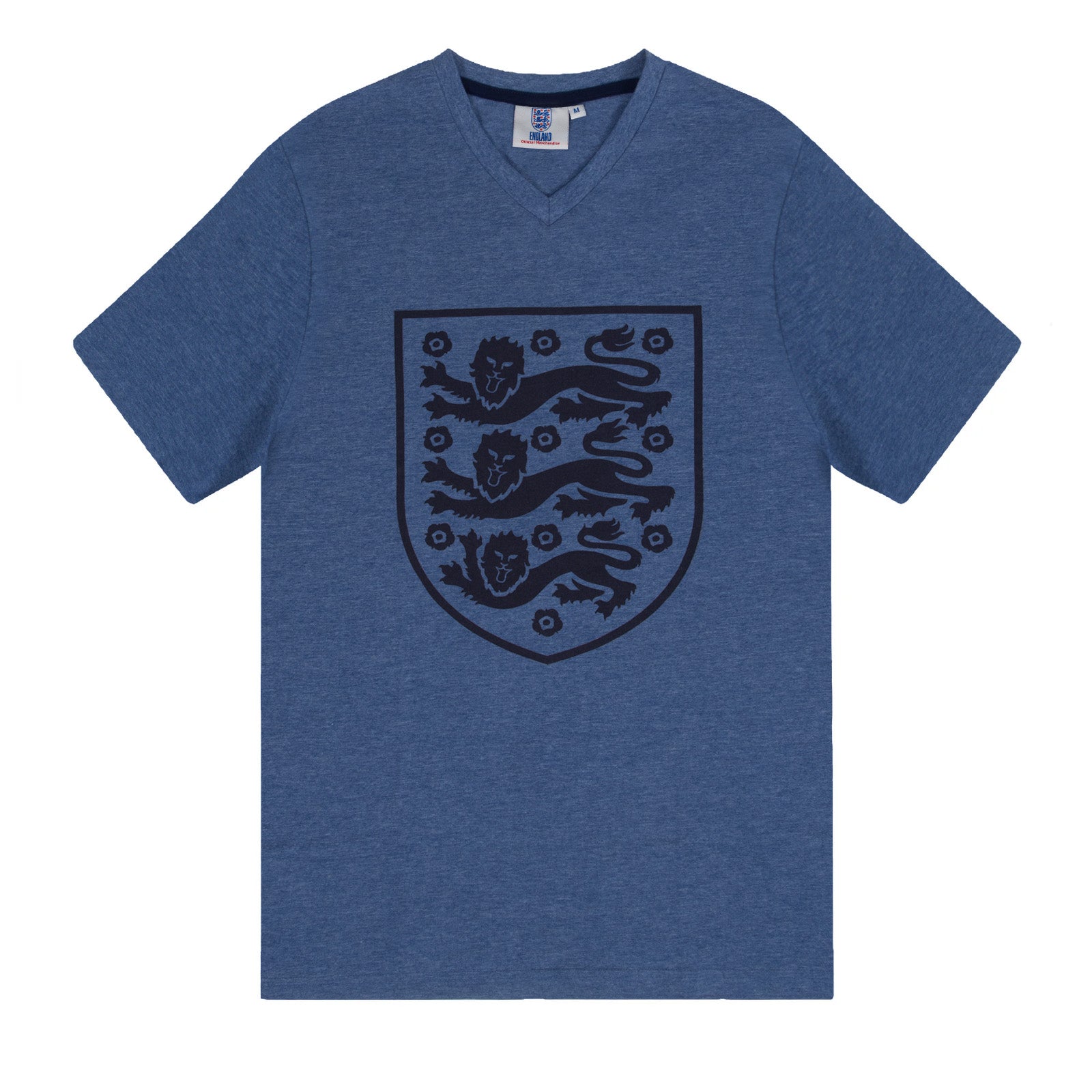 England adults short pyjamas in navy marl. T-shirt and shorts set featuring the three lions crest plus 'ENGLAND text to the waistband