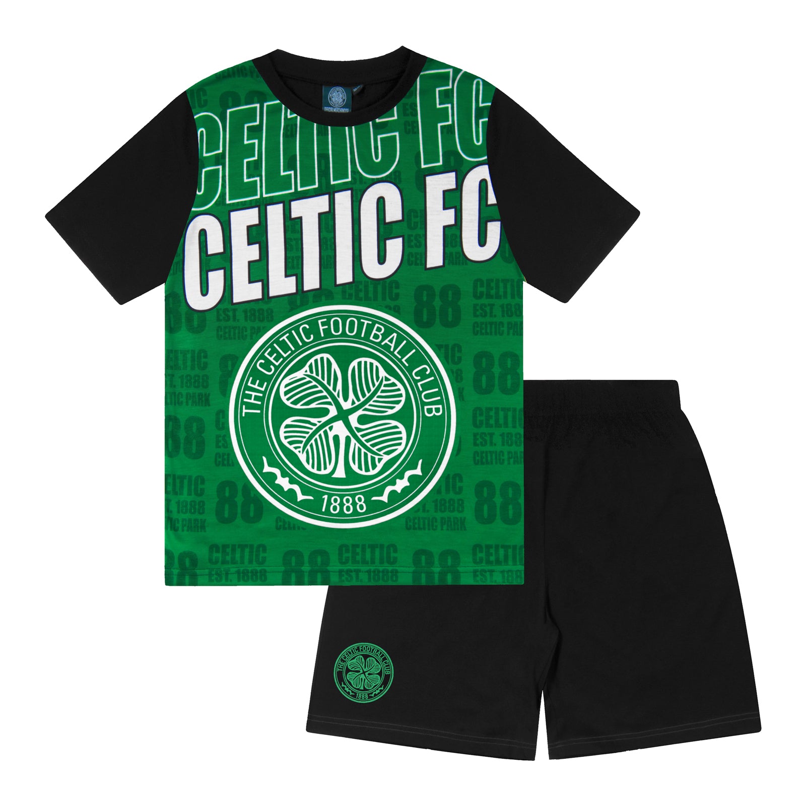 Celtic kids short pyjamas in green & black. Short sleeved top & shorts with crest & text