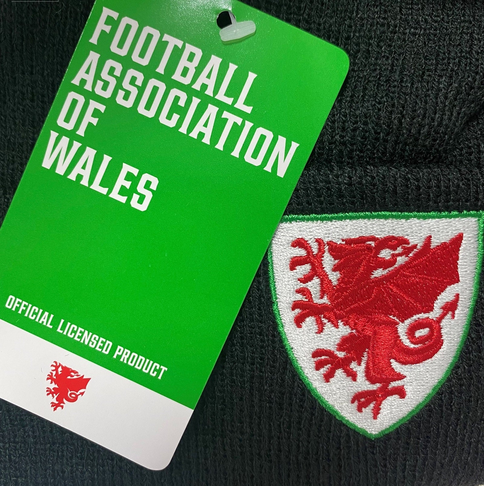 Wales football retro beanie hat in black with Wales FA crest