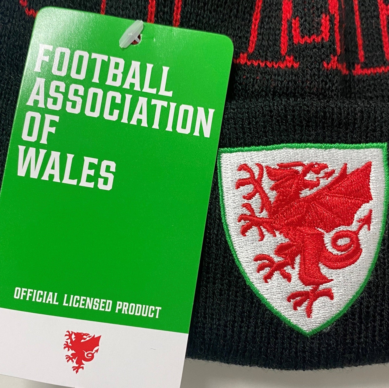 Wales football retro bobble hat in black with Wales FA crest