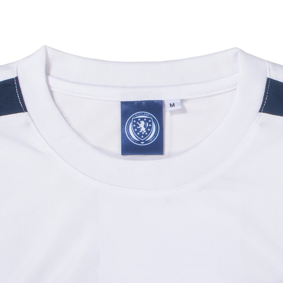 Scotland adults poly T-shirt in white with national team crest to chest.