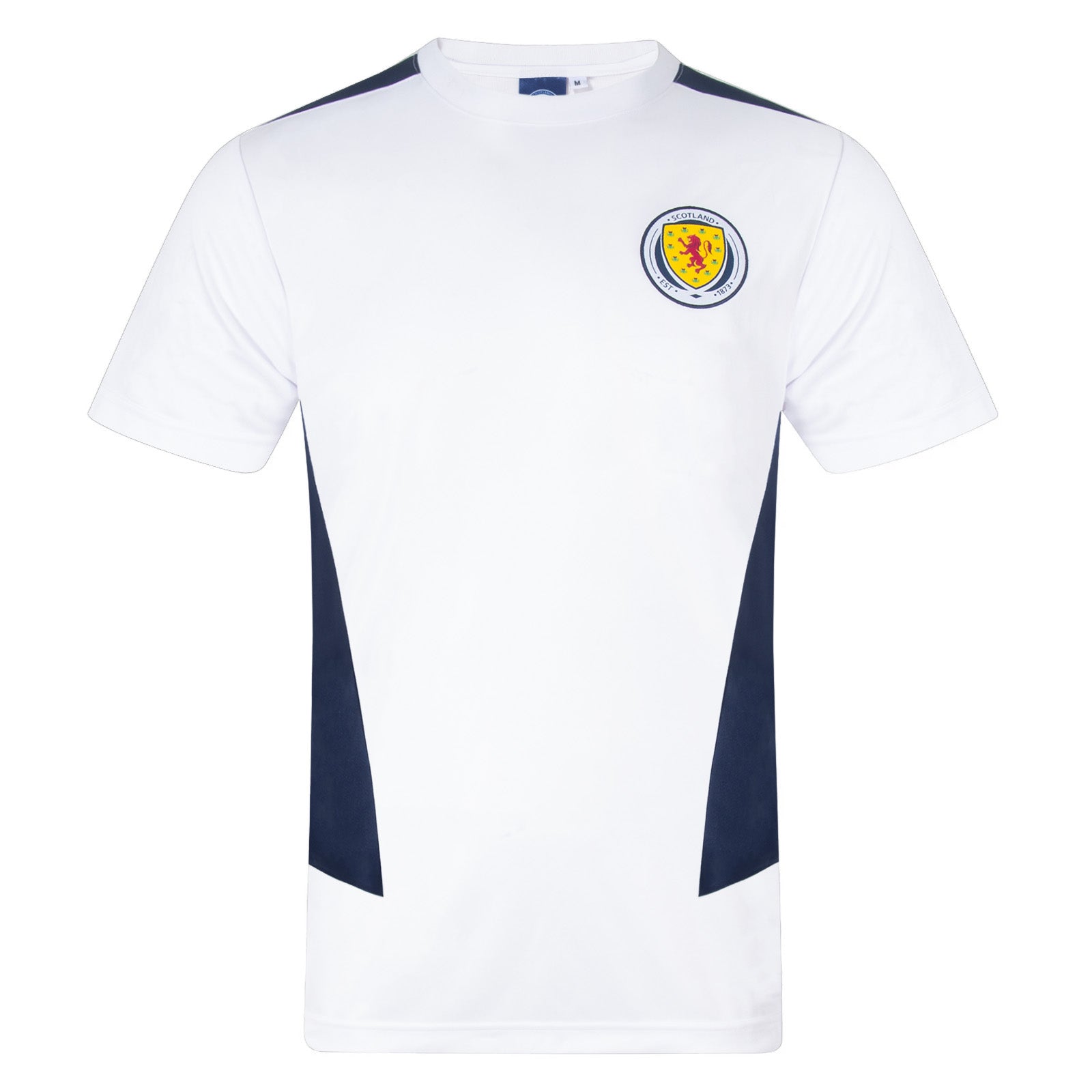 Scotland adults poly T-shirt in white with national team crest to chest.