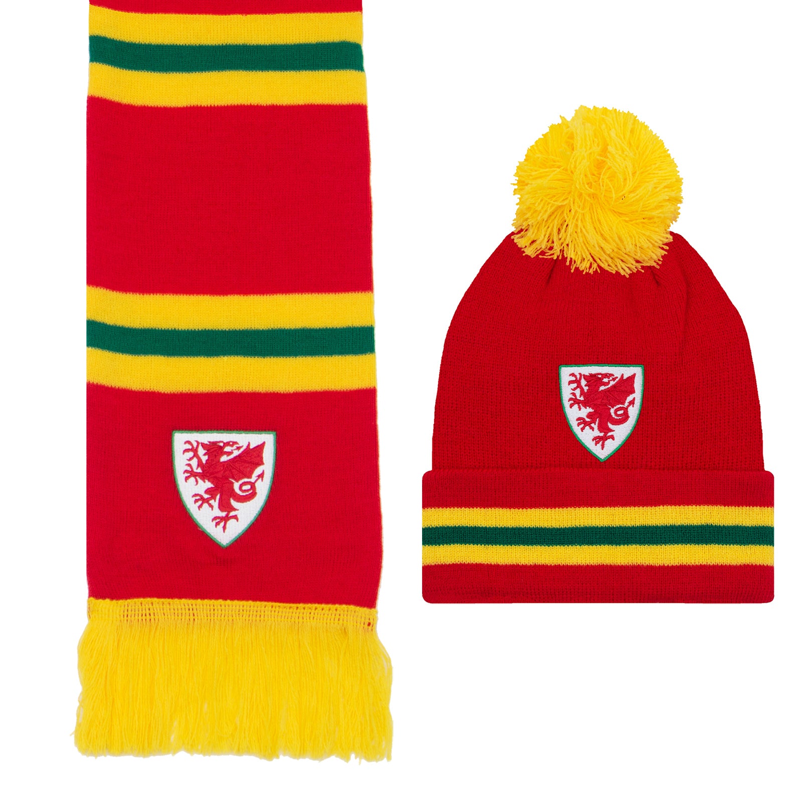 Wales bar scarf & bobble hat in red, yellow & green with Wales crest to hat & to end of the scarf.