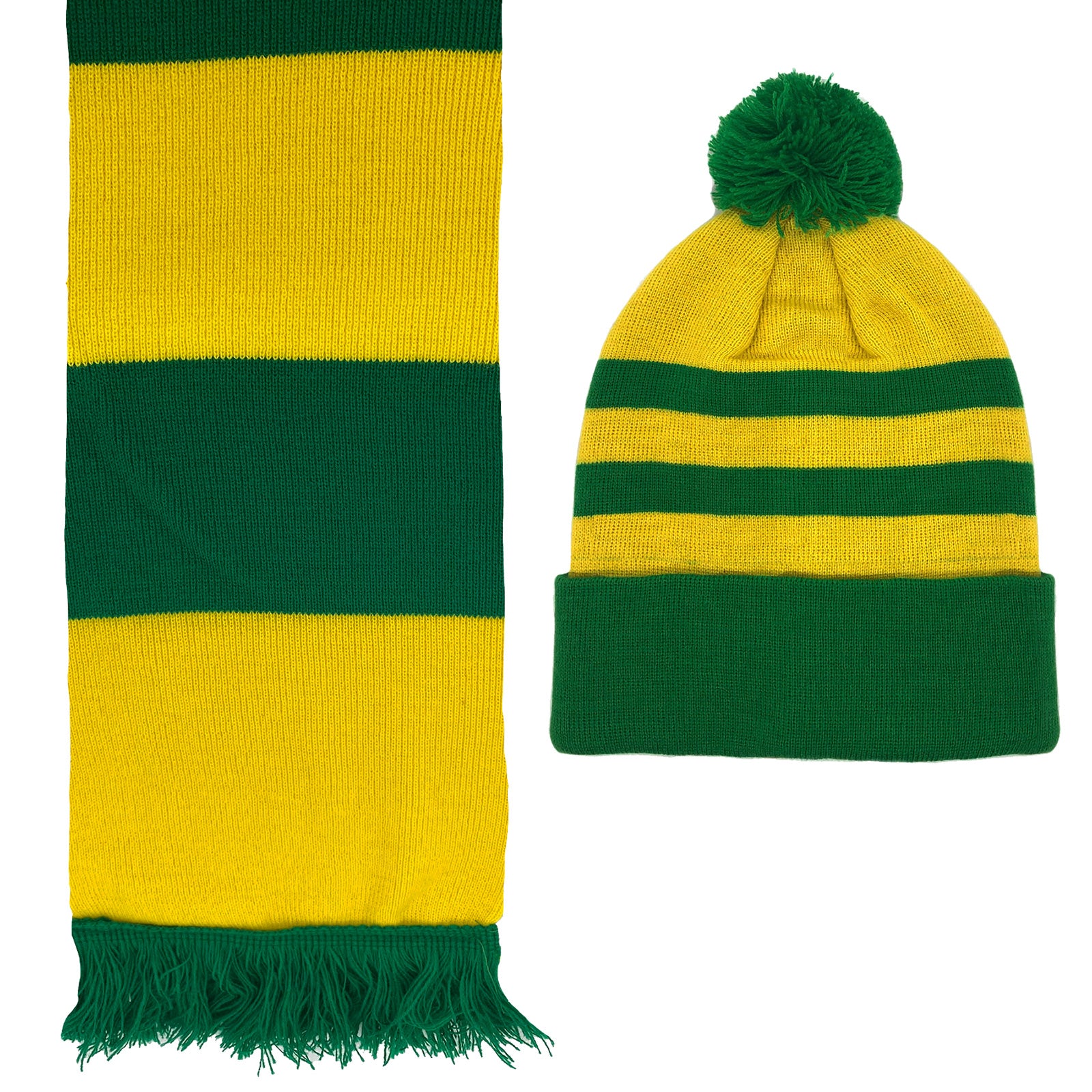 Norwich City retro bobble hat & bar scarf set in yellow and green